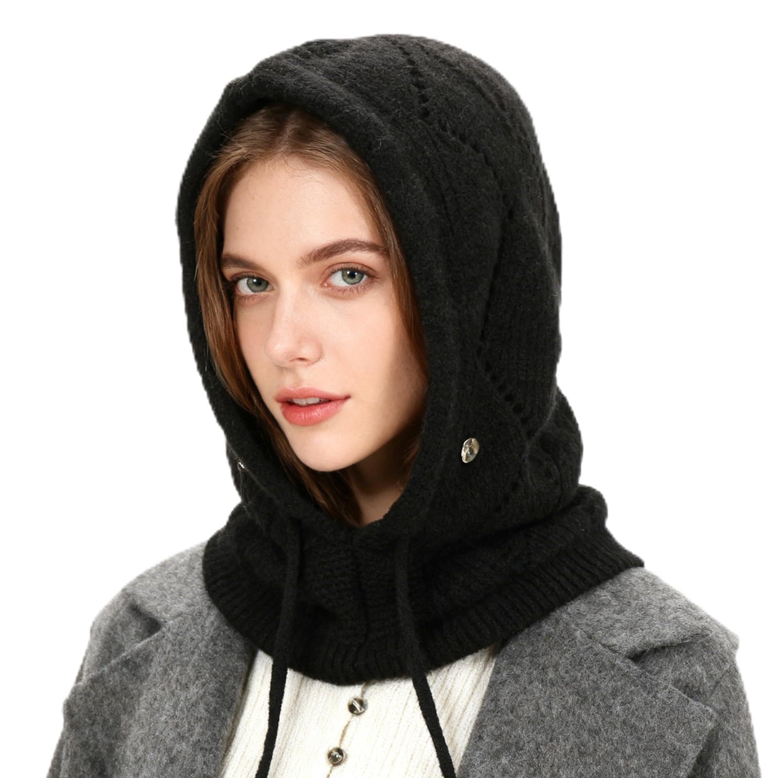 Femme Bonnets et Écharpes Tricotés d'hiver, 2 en 1 Chaude Coupe-Vent Réglable Cagoule avec Écharpe à Capuche, Élastiques Chapeaux Masque en Laine pour Sports de Plein Air Courses Quotidiennes