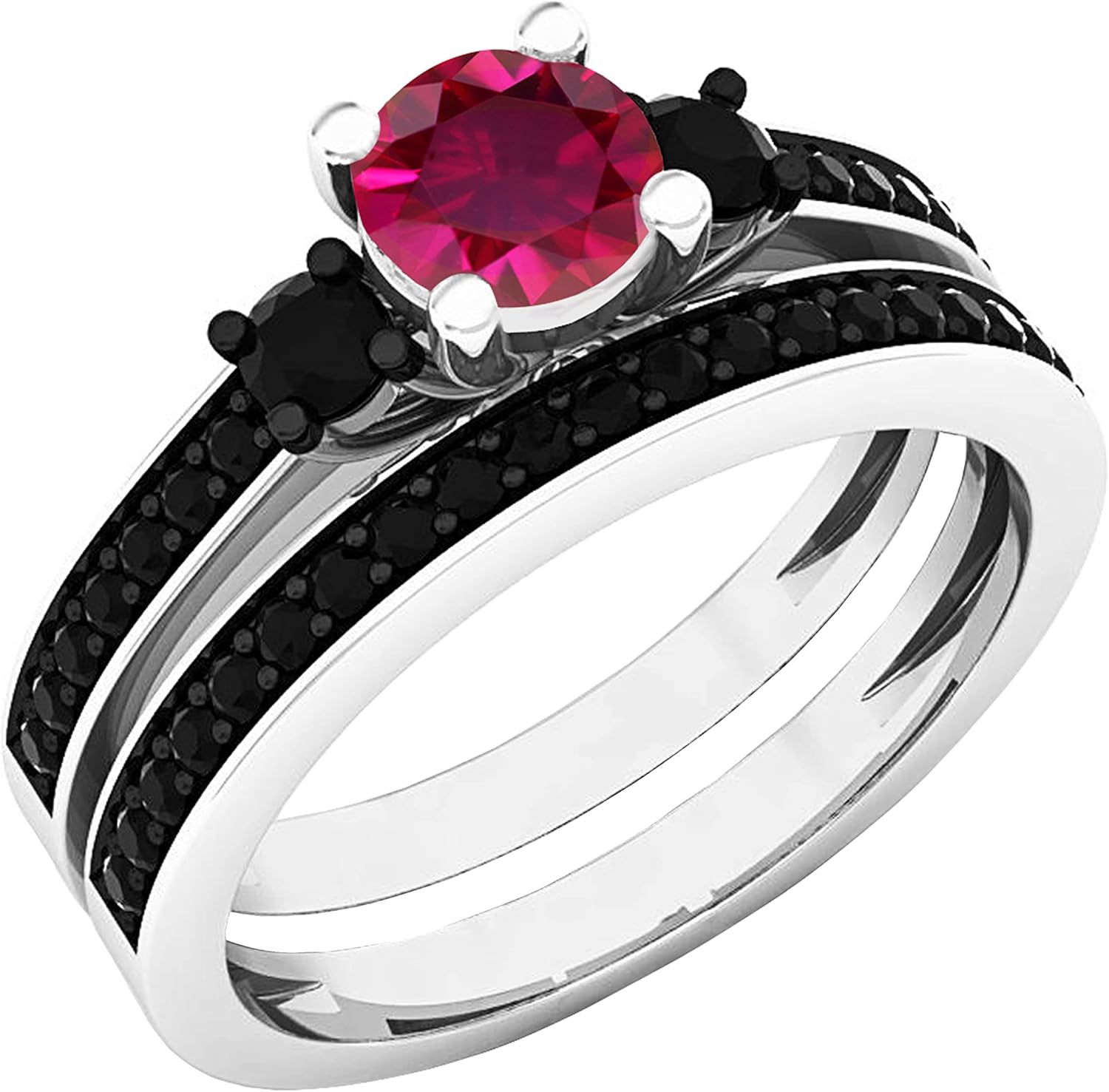 Dazzlingrock Collection 5 MM Center Round Lab Created Gemstone with Natural Black Diamond Three Stone Engagement Ring Set for Women in 925 Sterling Silver