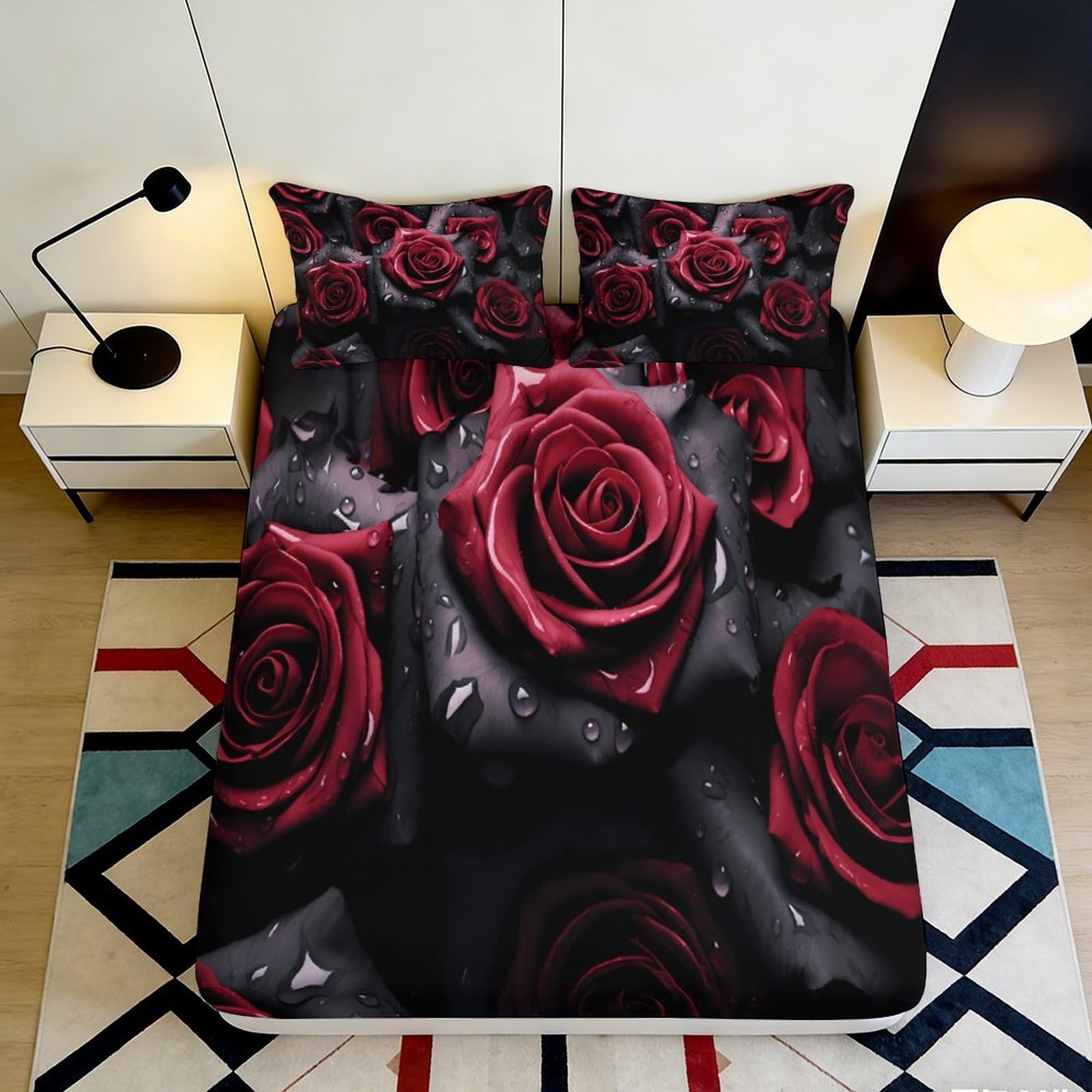 3D Printed Red Rose Petals Fitted Sheet Microfiber Soft Breathable Dark Floral Mattress Cover for Bedroom Dorm Decor 180x200x25cm