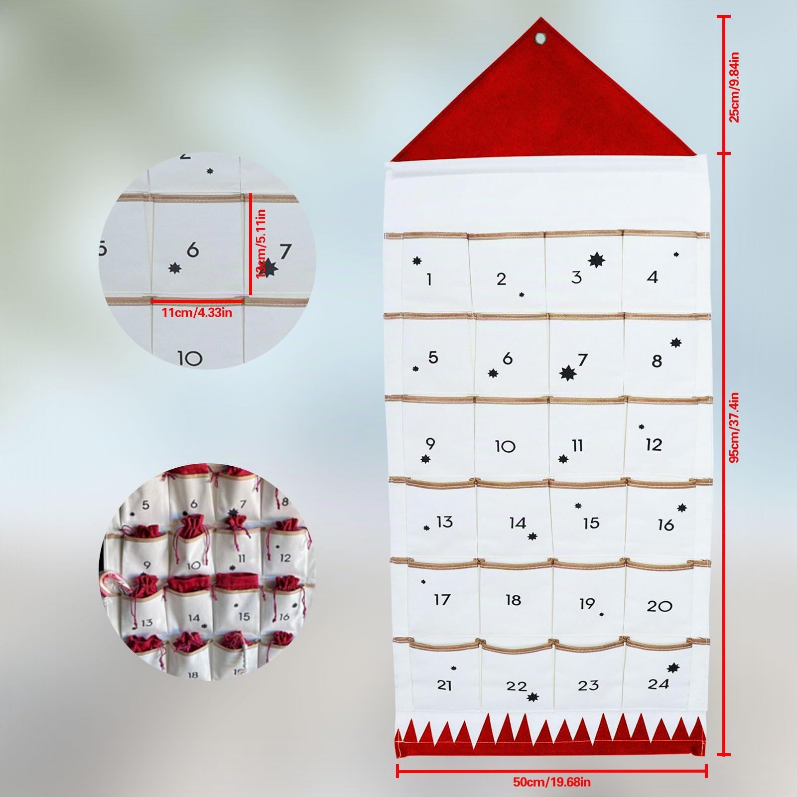 Calendario dell'Avvento Tessuto, Calendario Avvento Tessuto Calendario Avvento in Tessuto, con 24 Tasche, Regalo di Natale, Ideale per Decorare Pareti, Porte o Stanze nel Periodo Natalizio