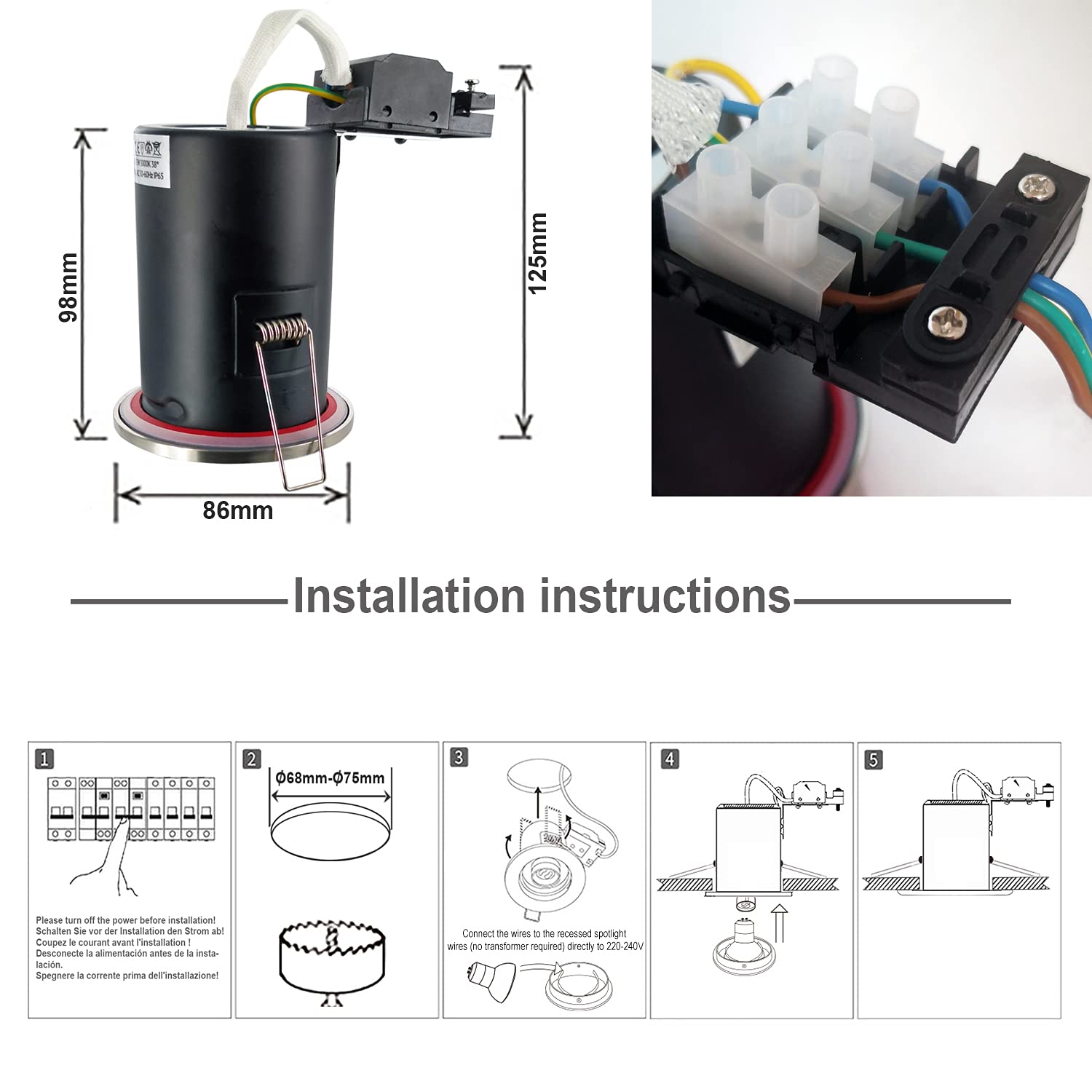 Faretti Da Incasso 2XSweier IP65 Antincendio - LED GU10, 230V, Per Bagno E Cucina, Bianco