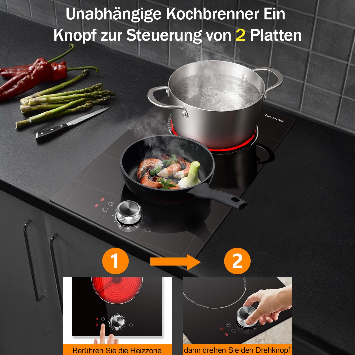 Glaskeramikkochfeld 2 Platten mit Stecker, Herdplatte 2 Kochfelder mit Knopf & Touch Control, 30CM Autarks Doppel Einbau Kochplatte, 9 Heizstufen, 2800W, 220-240V