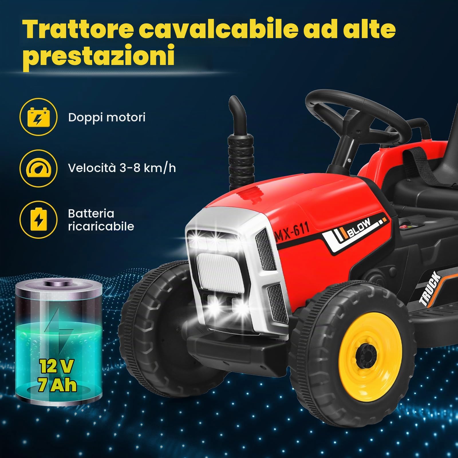 RELAX4LIFE Trattore Cavalcabile per Bambini, Trattore Ricaricabile con Rimorchio, Giocattolo Elettrico, Verde/Rosso, 136,5 x 51 x 52 cm (verde) (ROSSO)