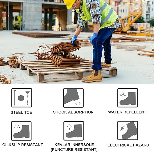 Miniatura 2 de Botas de trabajo para hombre, puntera de acero, resistentes a pinchazos, botas de seguridad de cuero Chelsea de meter, talla de EE. UU. 7-15