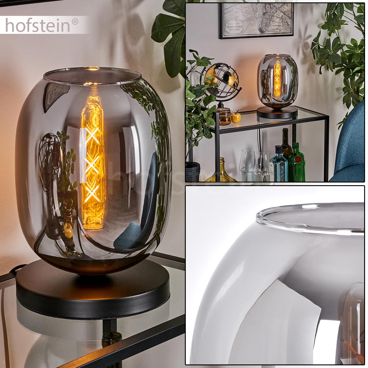 Tischleuchte Apedo, Tischlampe aus Metall/Glas in Schwarz/Rauchfarben, Leuchte im modernen Retro/Vintage-Design mit Schirm aus Glas (Ø 20 cm) u. An/-Auschalter am Kabel, 1 x E27, ohne Leuchtmittel