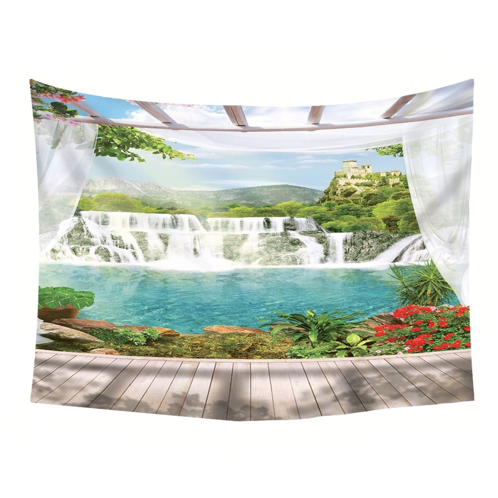 Aotiwe Wandteppich Aesthetic, Wandvorhang Groß Hofberge und Wasserfall Grün Weiß Braun Wandvorhang Boho 260x240cm