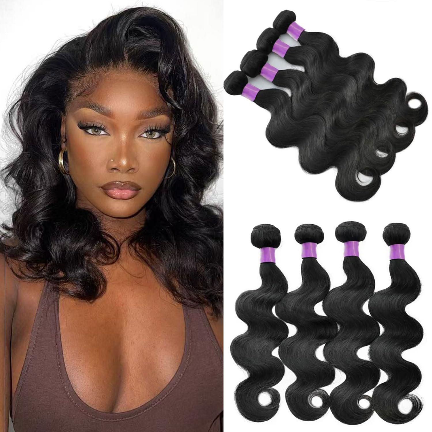12A Body Wave Bundles Human Hair 10 10 10 10 Inch Human Hair Bundles 100% Virgin Hair 4 Bundles Human Hair Extensions for Women Natural Black