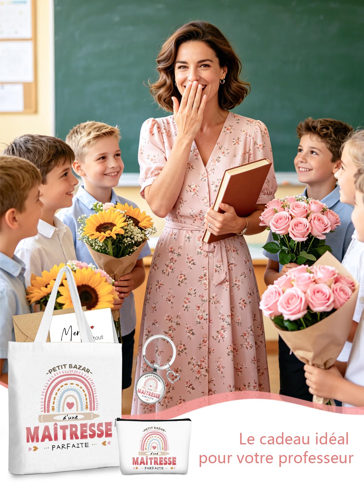 Cadeau Maitresse D'école, Cadeaux Maitresse Sac Tote Bag, Porte Clés et Carte de Remerciement, Merci Cadeau Maitre D'école Fin D'année