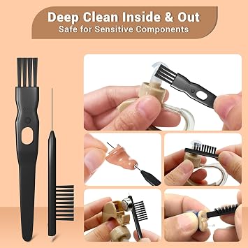 Premium Hearing Aid Cleaning Kit - Compatible with Rechargeable Hearing Aid with Bluetooth, Oticon, Phonak, Hearing Aid Cleaning Tools with Pen, Spray, Brush, Cloth, Hearing Aid Supplies Accessories