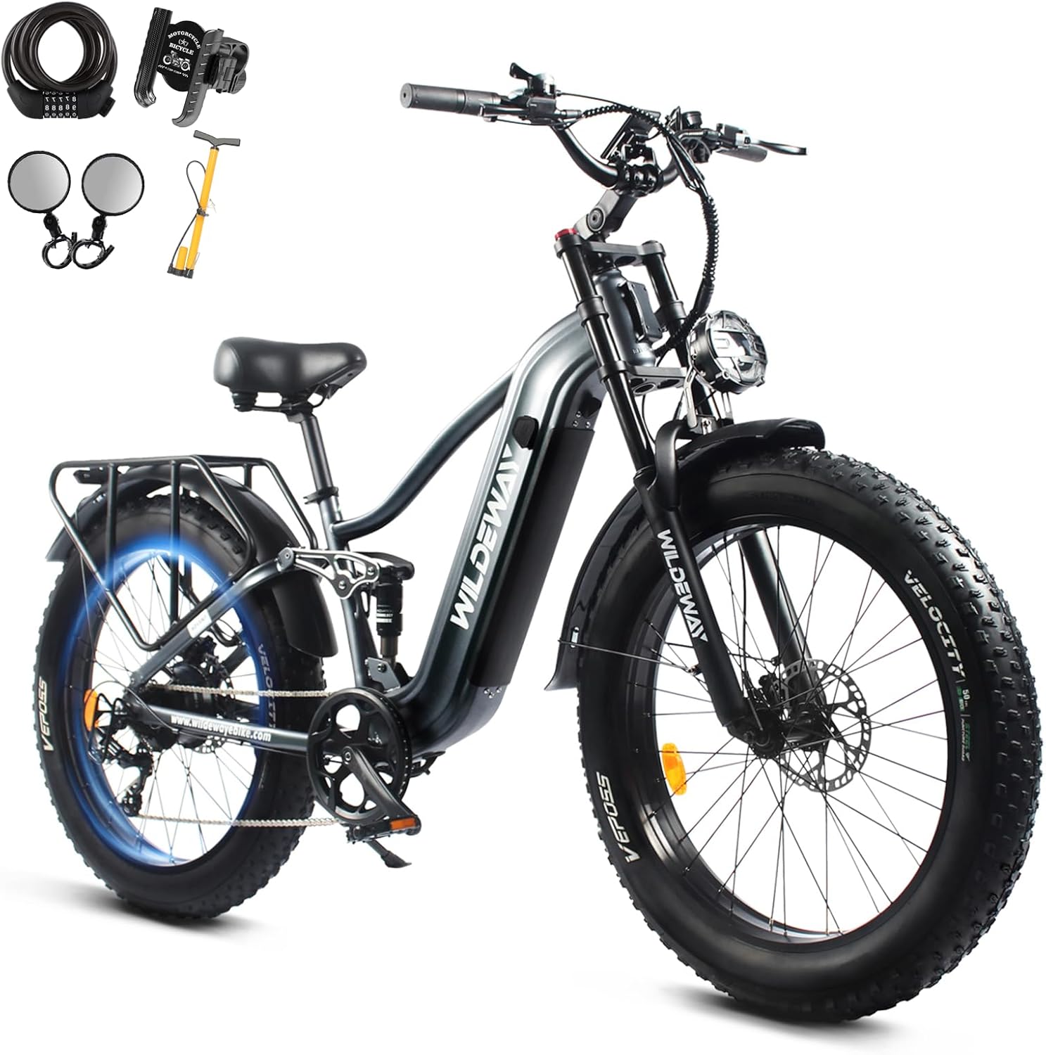 Wildeway 26" Snow Fat Tire Electric Bike for Adults, 1300W Motor 32MPH Ebike with 48V 20Ah Removable Battery, Full Suspension Off-Road Mountain Long Range Electric Bicycle 2 Seat