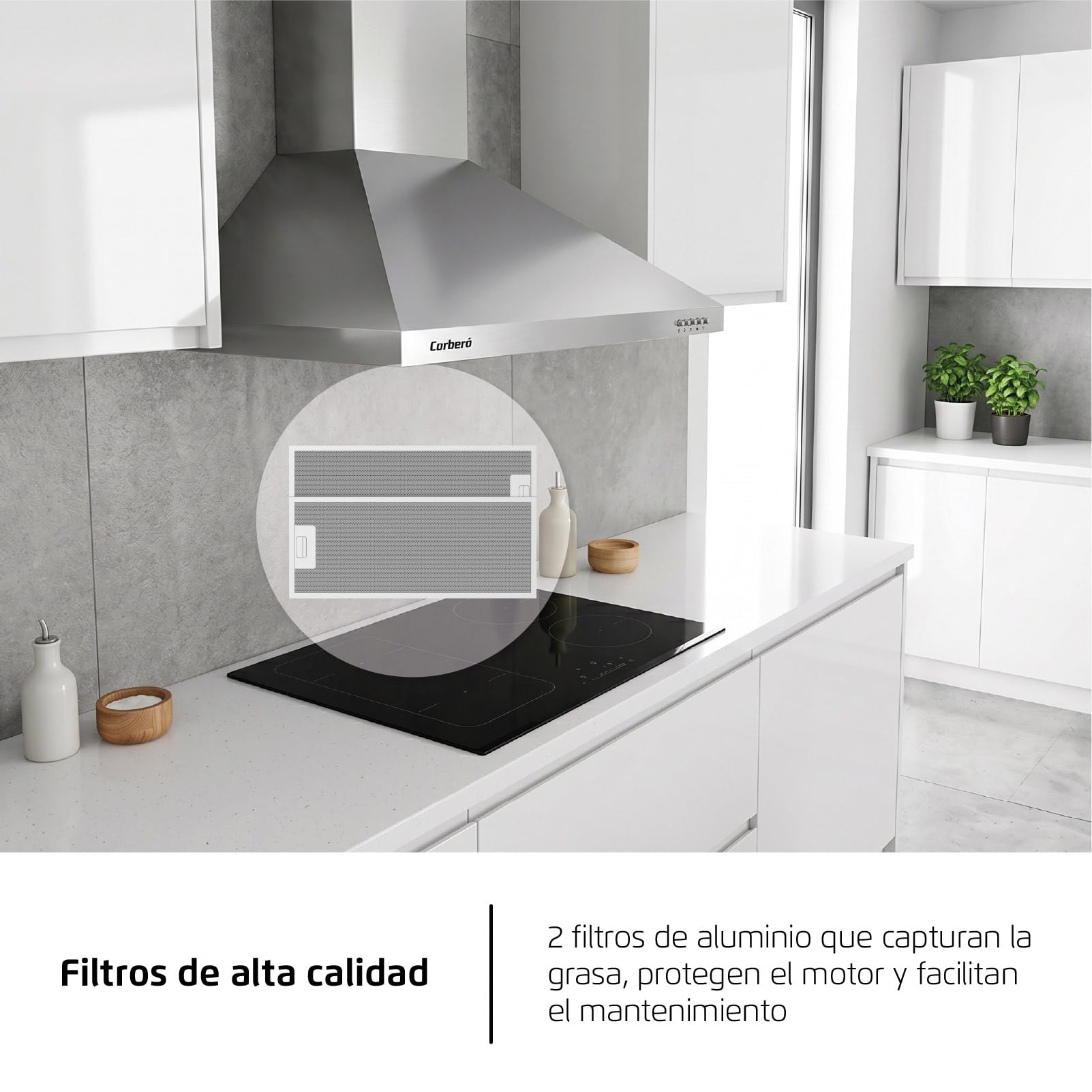 Corberó - Ozdobny dzwonek piramidowy Inox | 70 cm | KURAMATHI760X | Przepływ 621,71 m3/h | 165W | 3 prędkości | 2 filtry aluminiowe | Filtr węglowy | Efektywność energetyczna A, stal nierdzewna