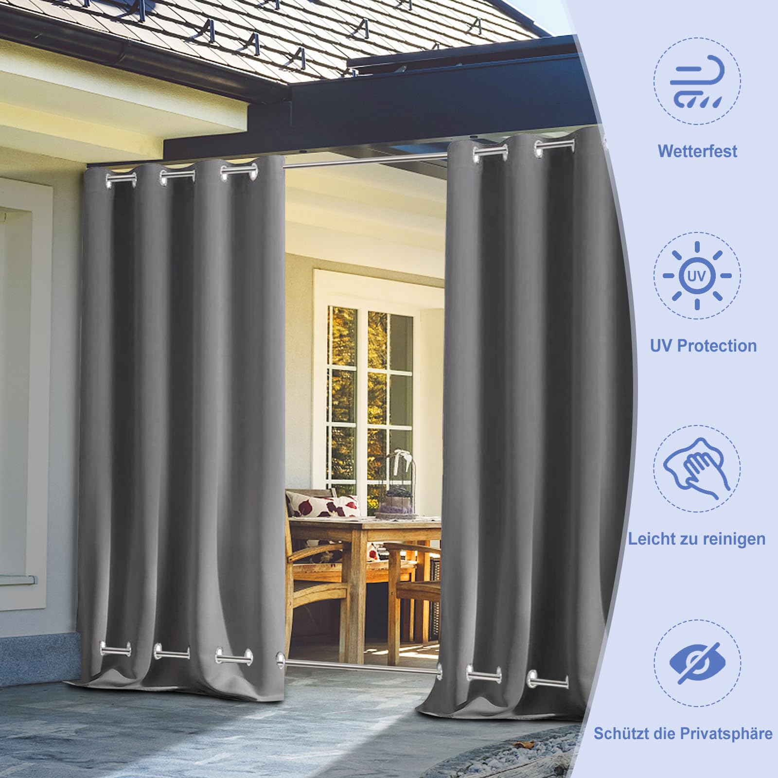 Outdoor Vorhang Wetterfest mit ösen Oben und Unten (Nach Mass), Wasserdicht Wetterfest Vorhang Sonnenschutz Sichtschutz Gardine für Außen Terrasse Balkon Vorhalle, 1 Stück 90X200cm Dunkelgrau