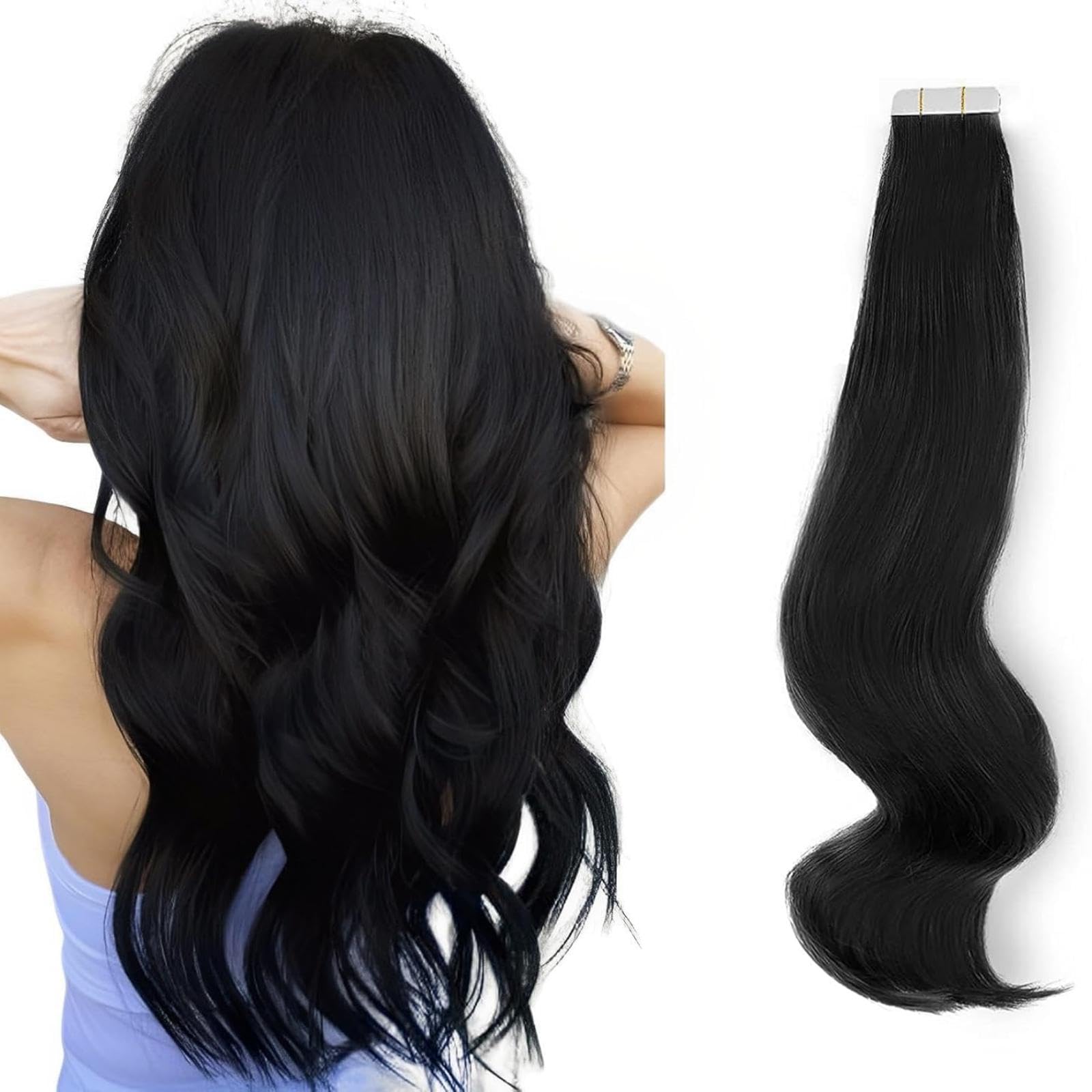 ABH AmazingBeauty Tape in Hair Extensions Human Hair Real Remy Skin Weft, Invisible, Seamless and Reusable Tape Hair Extensions, 50g 20pcs, Jet Black