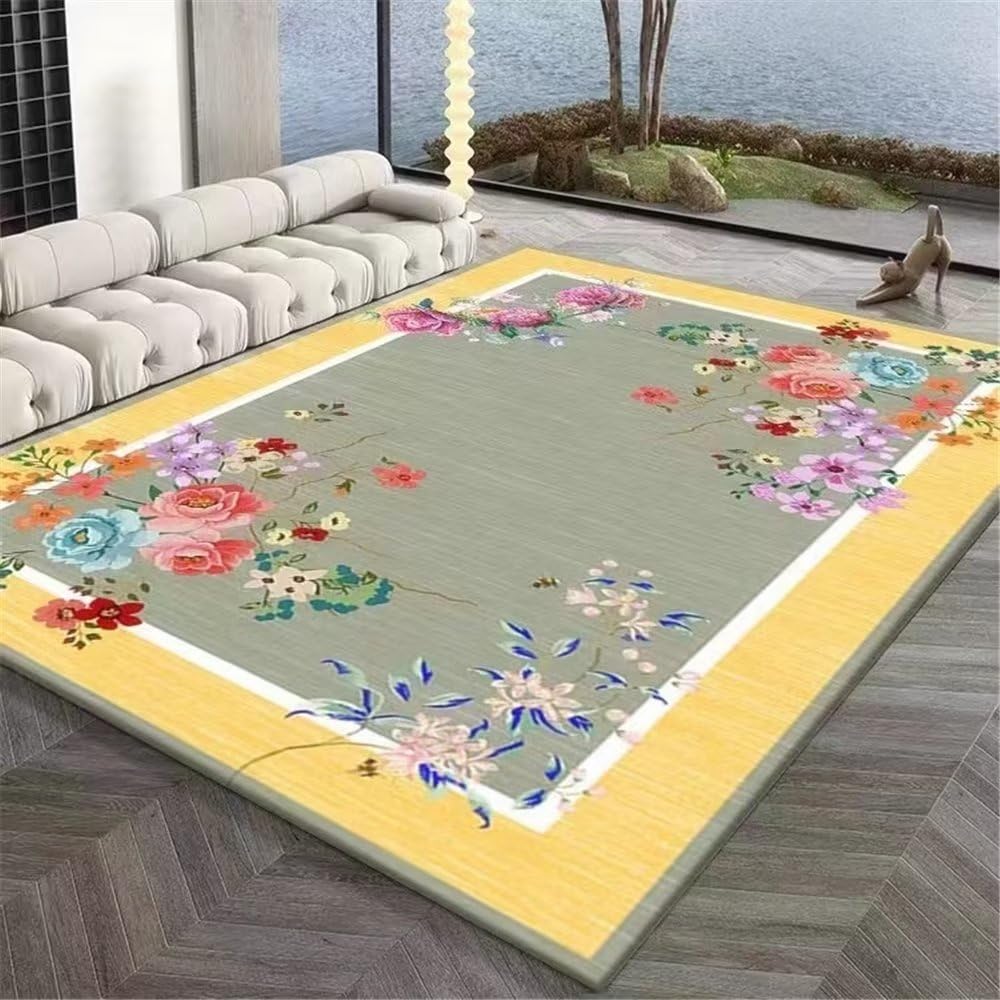 Tapis motif floral jaune lavable en machine pour déco chambre 40x60