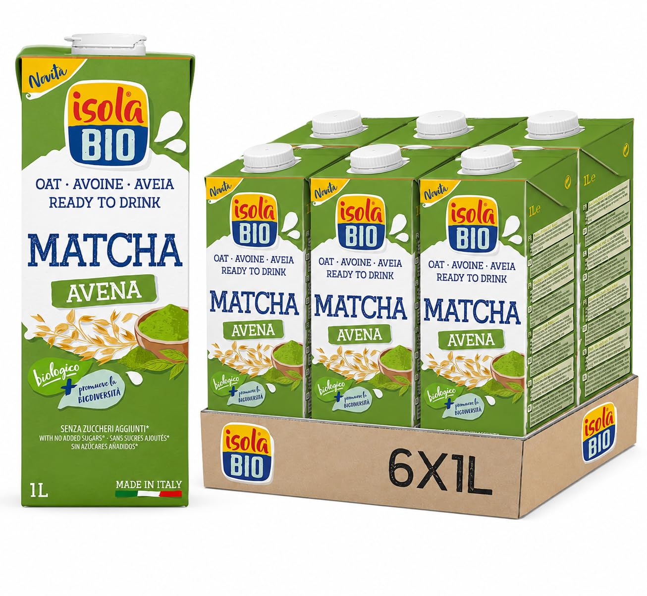 ISOLA BIO - Pack de 6 Unidades de 1 L de Bebida Ecológica Vegetal de Avena y Matcha - Sin Azúcar Añadido - Apto para Veganos - Ideal para Tomar Sola o en Batidos
