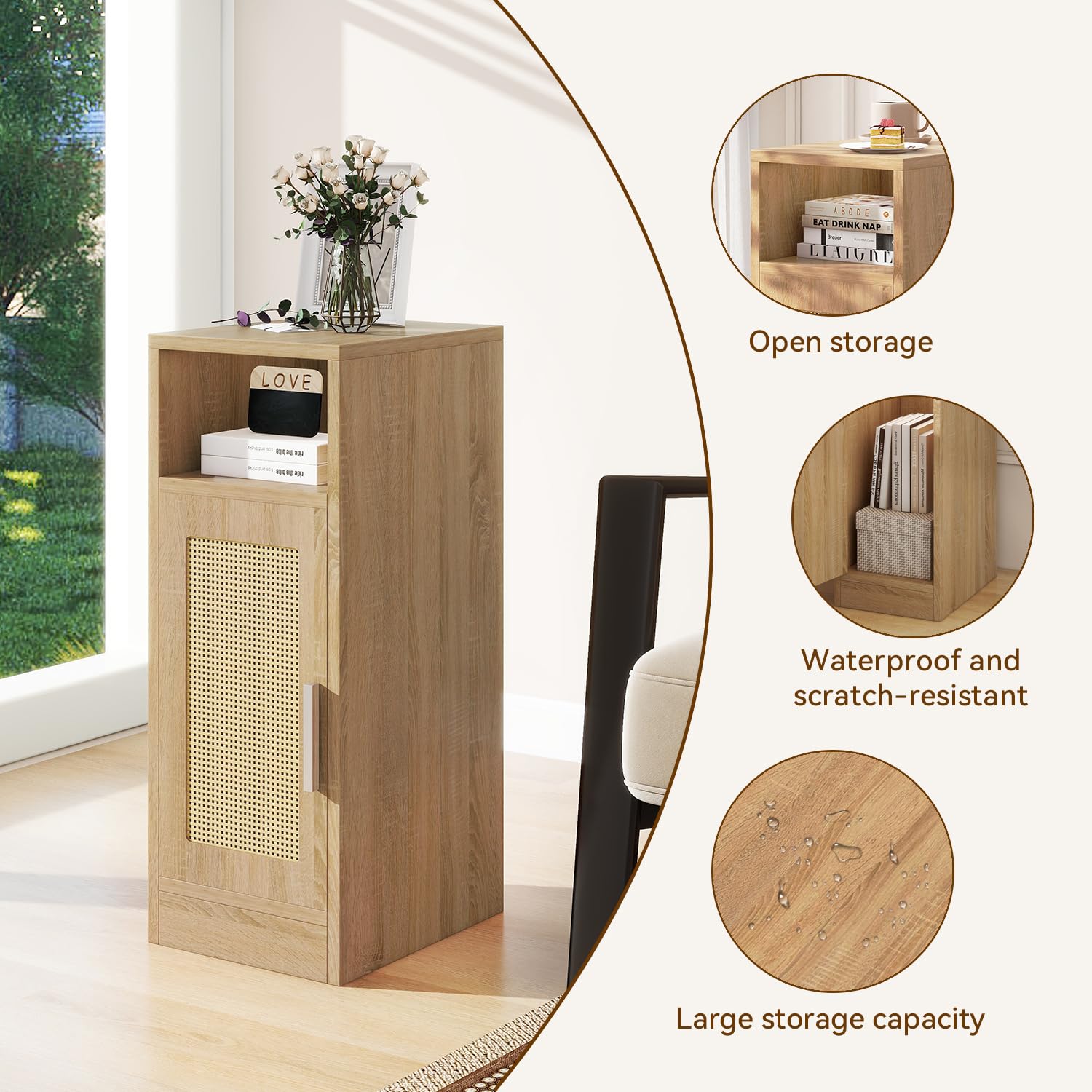 IBUYKE Ensemble de 2 Tables de Chevet Fines, Table de Nuit en rotin avec Compartiments Ouverts et Placard pour Petits espaces, Petite Table d'appoint étroite pour Chambre à Coucher et Salon, Naturel