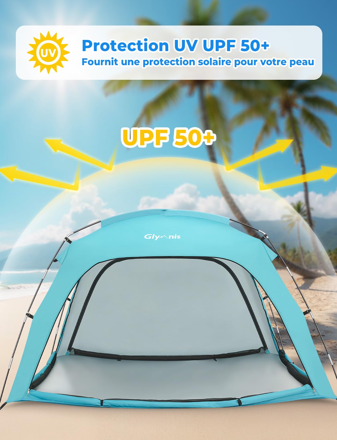 Glymnis Tente de Plage pour 3-4 Personnes，Tente Anti UV, Protection UPF 50+，Portable Abris de Plage pour Plage, Parc, Camping et pêche