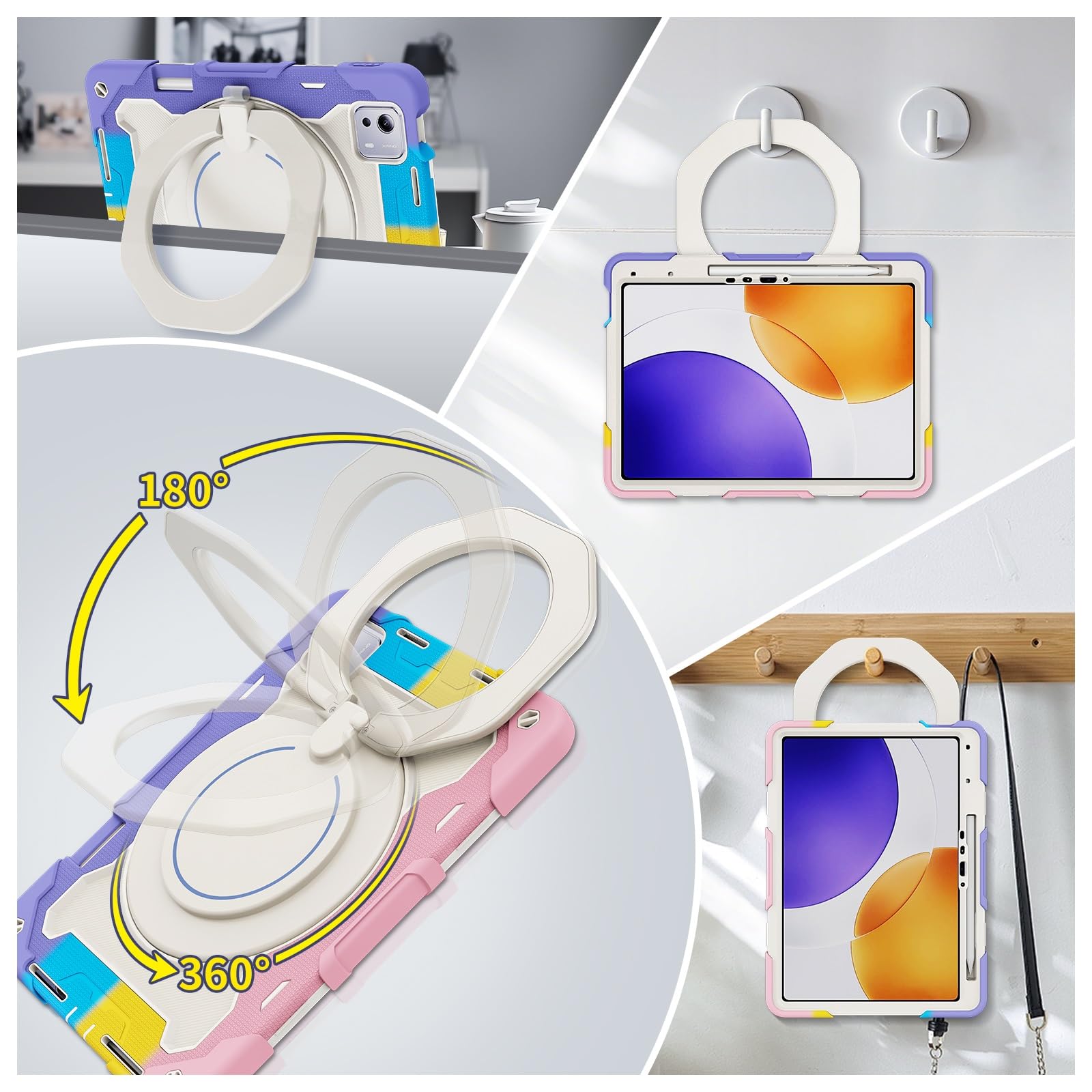 Pełne etui ochronne, wytrzymałe etui ochronne do Xiaomi Pad 7S Pro 32,5 cala, obrotowy stojak o 360°, pasek na ramię, uchwyt na ołówki i pierścień na uchwyt, odporny na wstrząsy pokrowiec dla dzieci i