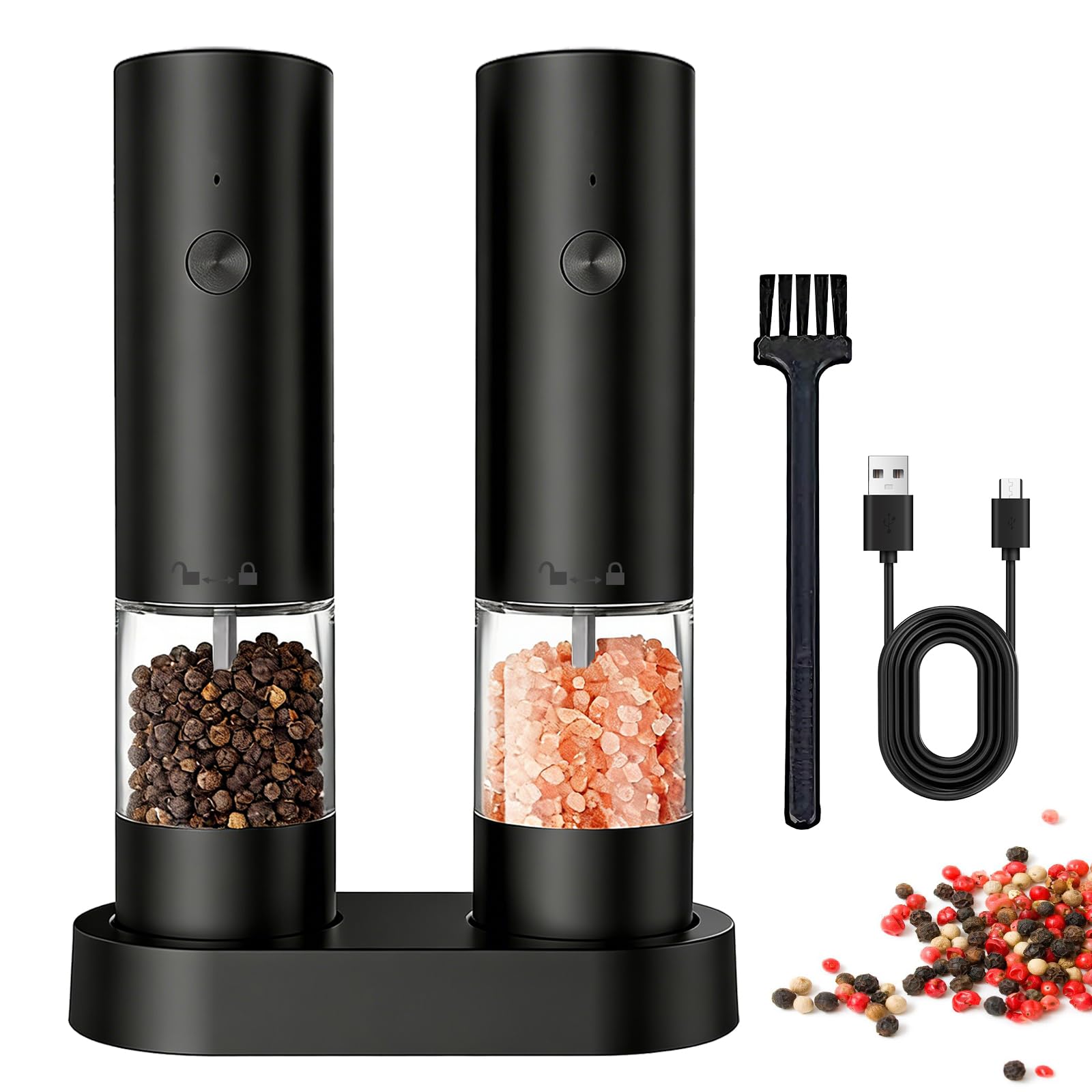 Rechargeable Electric Salt and Pepper Grinder Set – Electric Pepper Grinder, Adjustable Coarseness, One-Handed Operation, Ceramic Grinder Mills with Visible Chamber