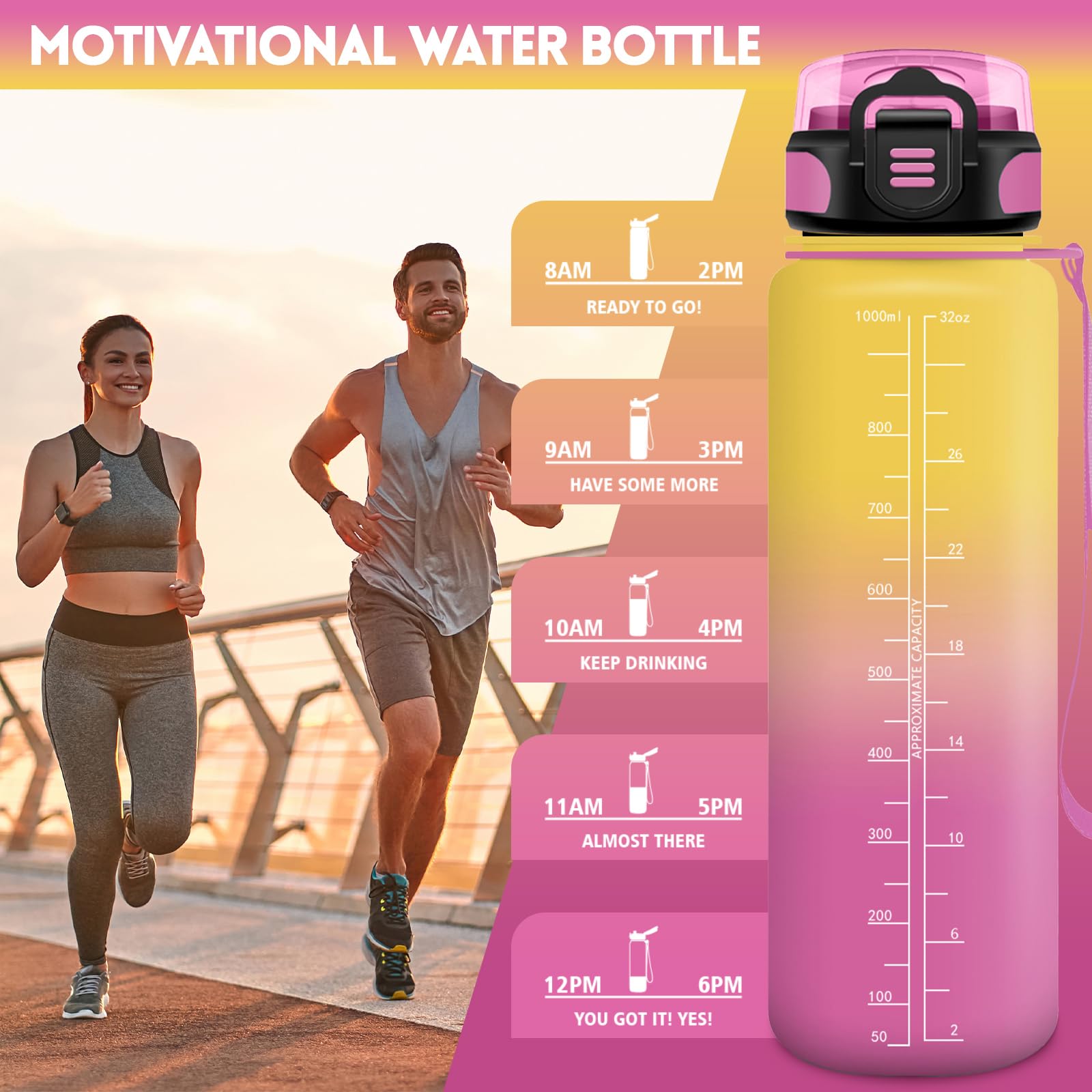 Borraccia 1 Litro Motivazionale - Senza BPA, Antigoccia, Con Cannuccia, Per Sport E Scuola