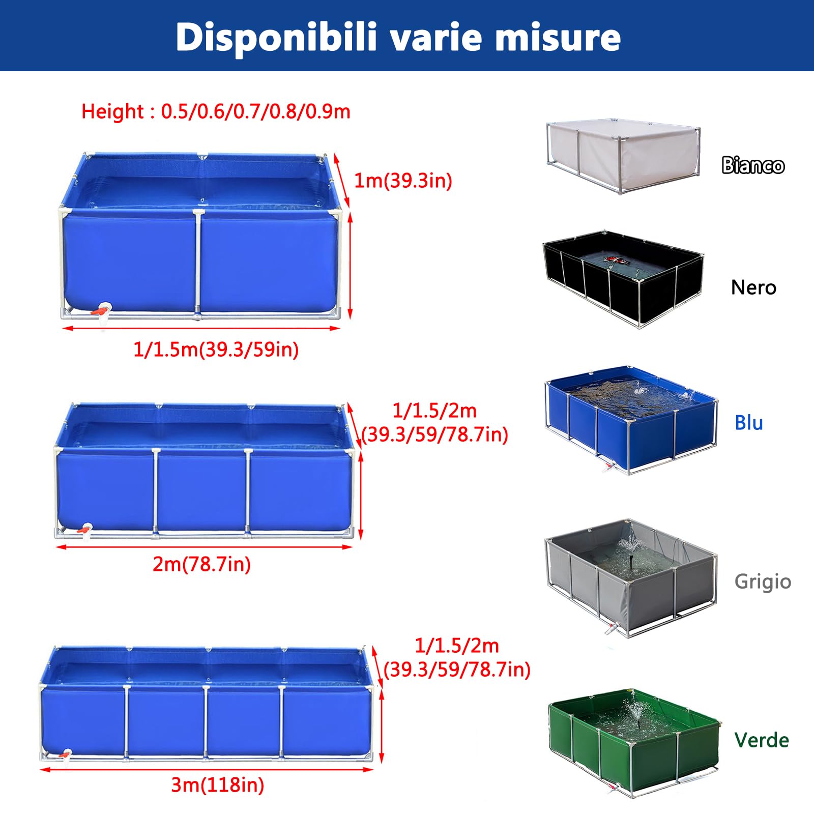 Piscina Acquario Fuori Terra, 1m Laghetto in Tela di PVC, Serbatoio di Contenimento Temporaneo per Pesci d'Acqua Salata, Stoccaggio Di Acqua, Allevamento