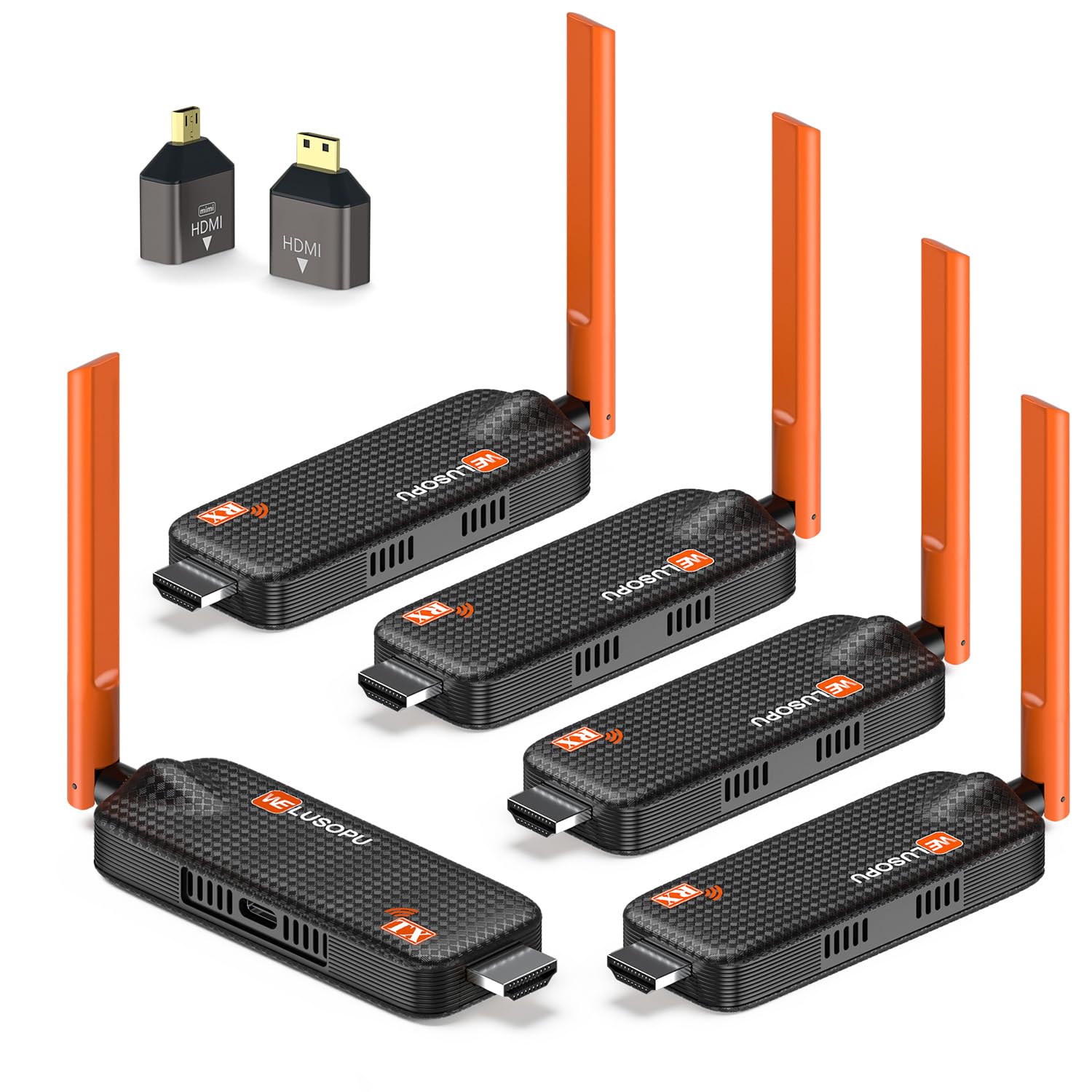 Wireless HDMI Transmitter and 4 Receivers, Support Up to 6 Receivers, 5.8G WELUSOPU HDMI Wireless Extender Casting Content for PC Laptop Camera Cable Box to Multiple TVs Monitors Projectors -165FT