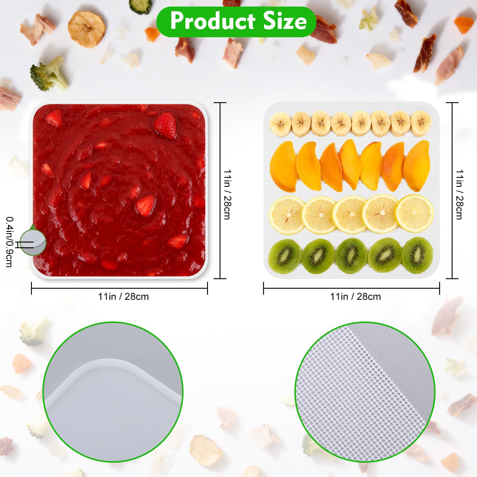 4 tappetini per disidratazione in silicone e 4 lamiere di disidratazione a rete, 28 x 28 cm, fogli in silicone riutilizzabili e antiaderenti, rivestimento in lamiera antiaderente con bordo per liquidi