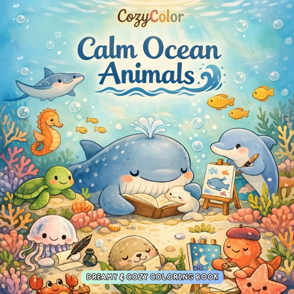 Calm Ocean Animals: Relaxing Coloring Book for Adults and Teens - Cute Sea Creatures and Underwater Scenes with Simple Bold Lines