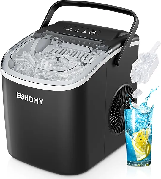 EUHOMY Countertop Ice Maker Machine with Handle, 26.4lbs Per Day, 9 Ice Cubes Ready in 6 Mins, Auto-Cleaning Portable Ice Maker with Basket and Scoop, for Home/Kitchen/Camping/RV (Black)