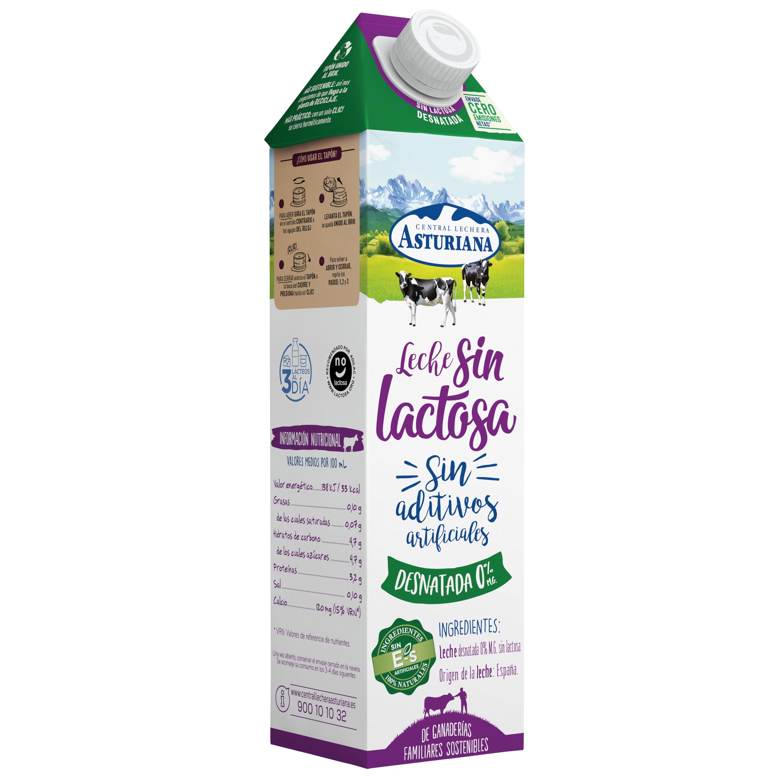 Central Lechera Asturiana Leche Sin Lactosa Desnatada 0% MG, Pack 6 x 1L