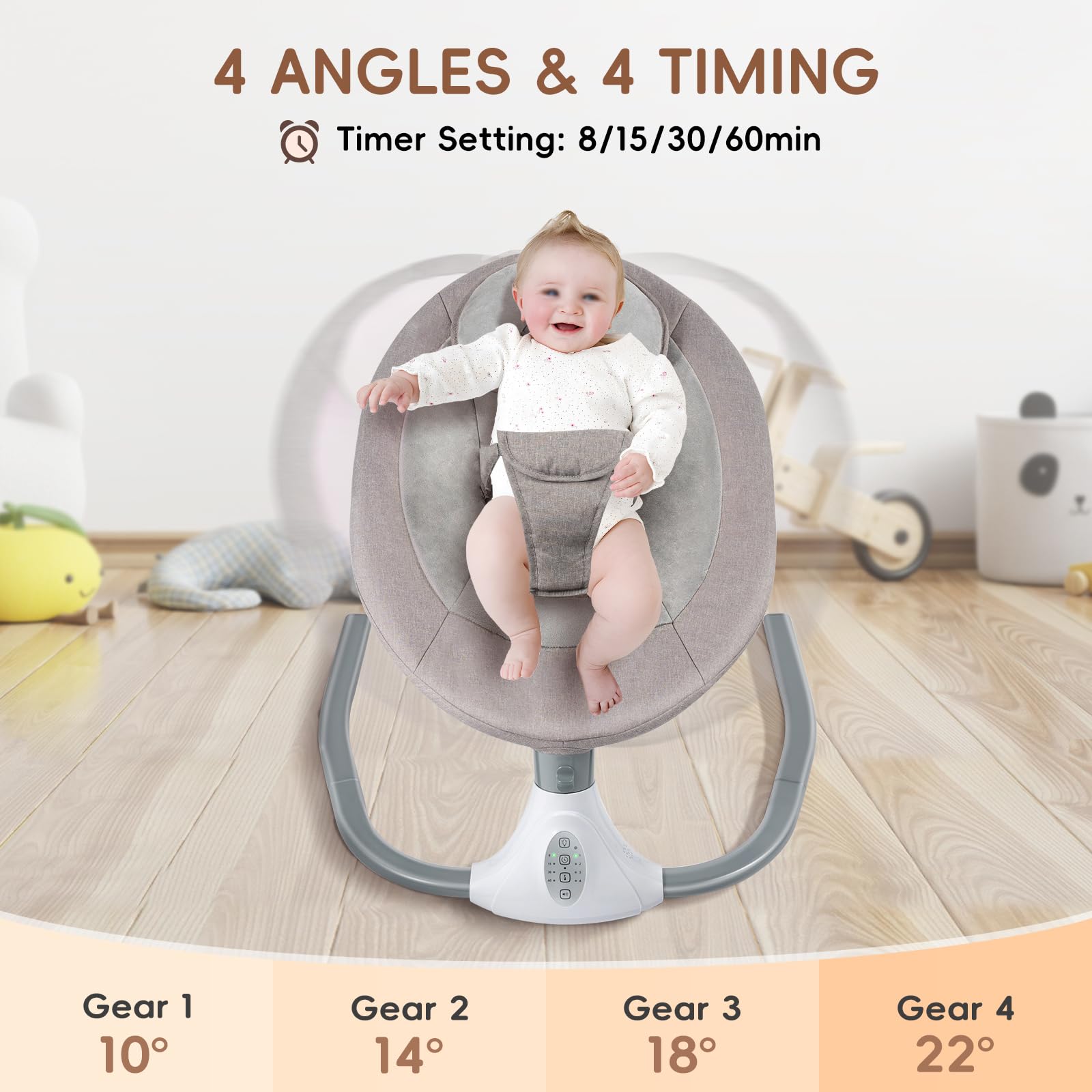 Babywippe Elektrisch 0–18 Monate, 4 Stufen, bis 18 kg, Grau