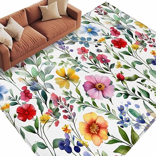 Miniatura 3 de 5x8 Area Rugs, Spring Flower Non-Skid Rubber Backing Large Rectangle Rugs - Living Room Bedroom Home Office, Retro Farm Summer Leaf Plant Watercolor