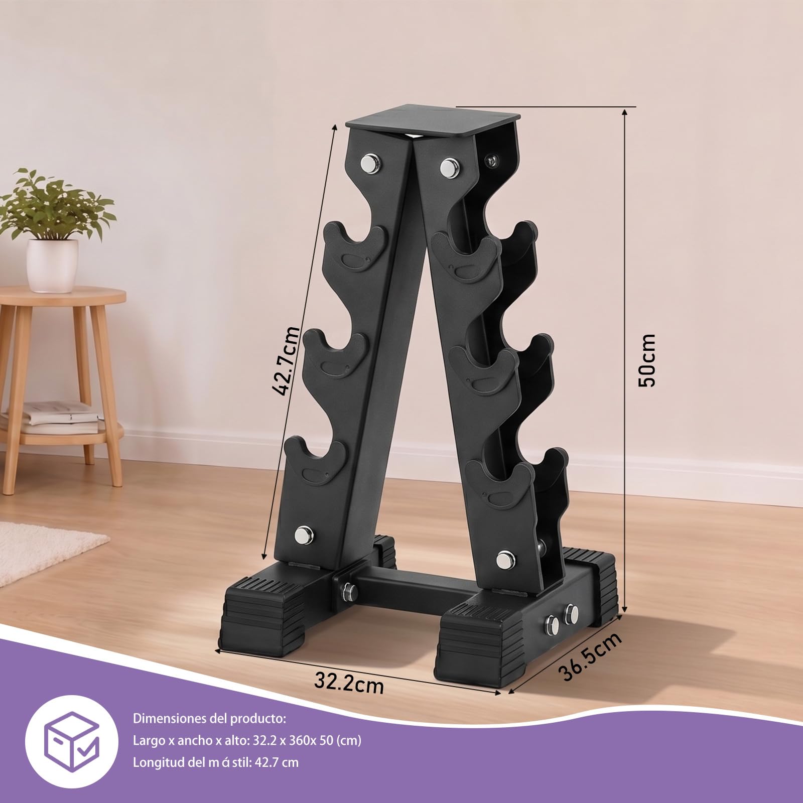 Soporte para Mancuernas de 3 Niveles, Estructura en A, Capacidad 100 kg,con Goma Antideslizante, para Gimnasio y Fitness en Casa (3, Kilogramos, 100)