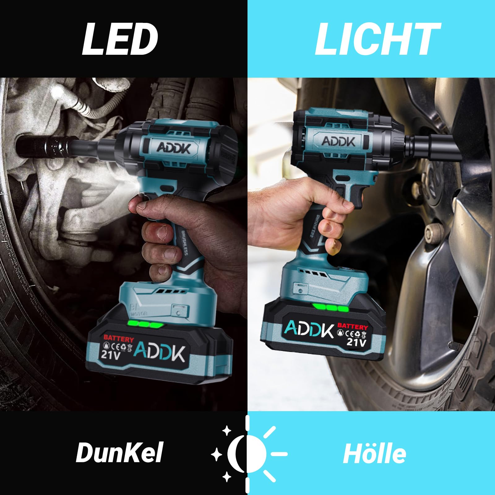 Akumulatorowa wkrętarka udarowa, 3 w 1, profesjonalna 550 Nm/1000 Nm, 21 V, bezszczotkowa, światło LED, 4 końcówki, 4 wiertła, rękawiczki, torba na narzędzia, do samochodu, wymiana opon (1000 Nm