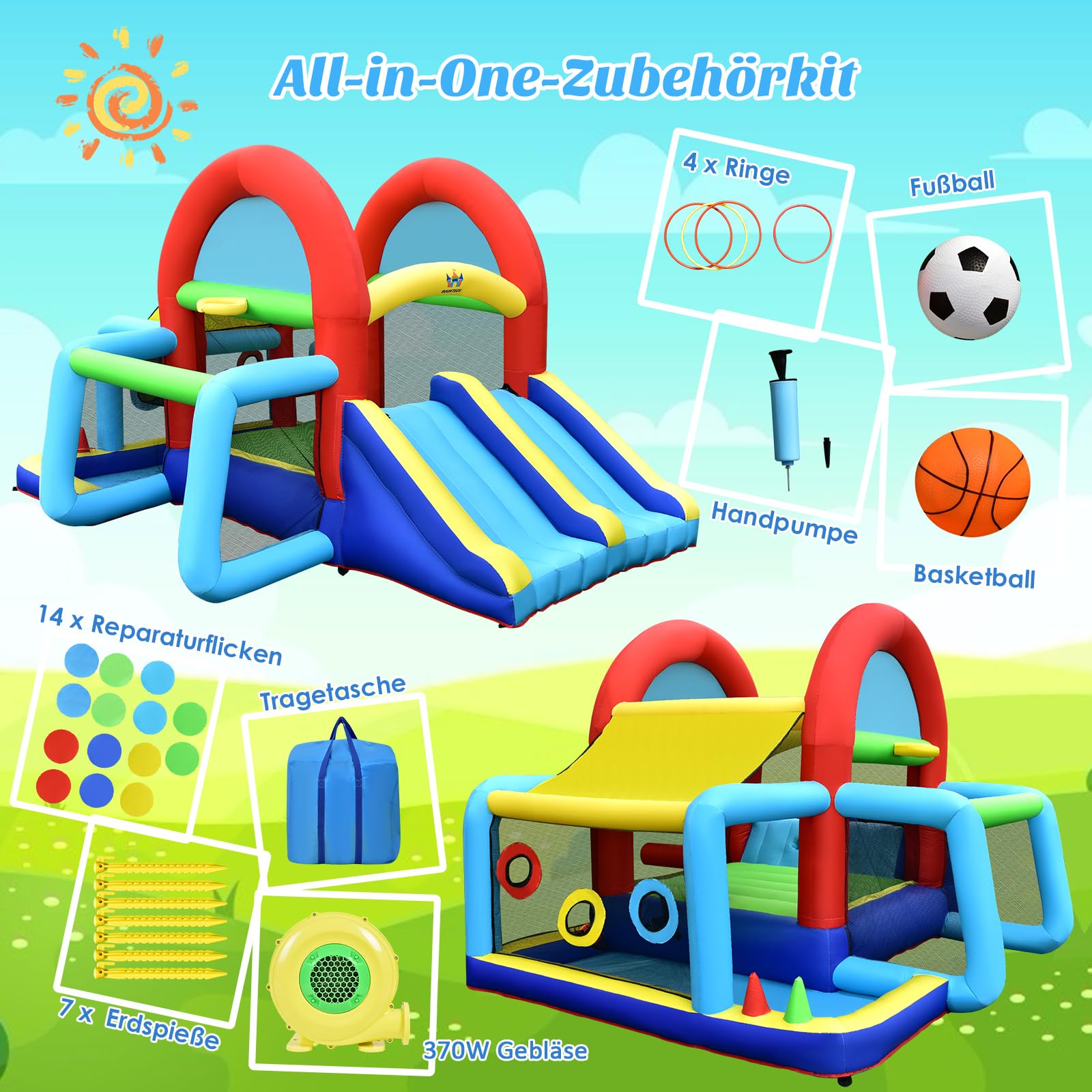 COSTWAY Hüpfburg mit Gebläse, Doppelrutschen, Sprungbereich, Kletterwand, Bällebad, Fußballtor, Basketballkorb, Zielspiel & Ringwurf, Outdoor Hüpfschloss für Kinder, 424 x 300 x 240 cm