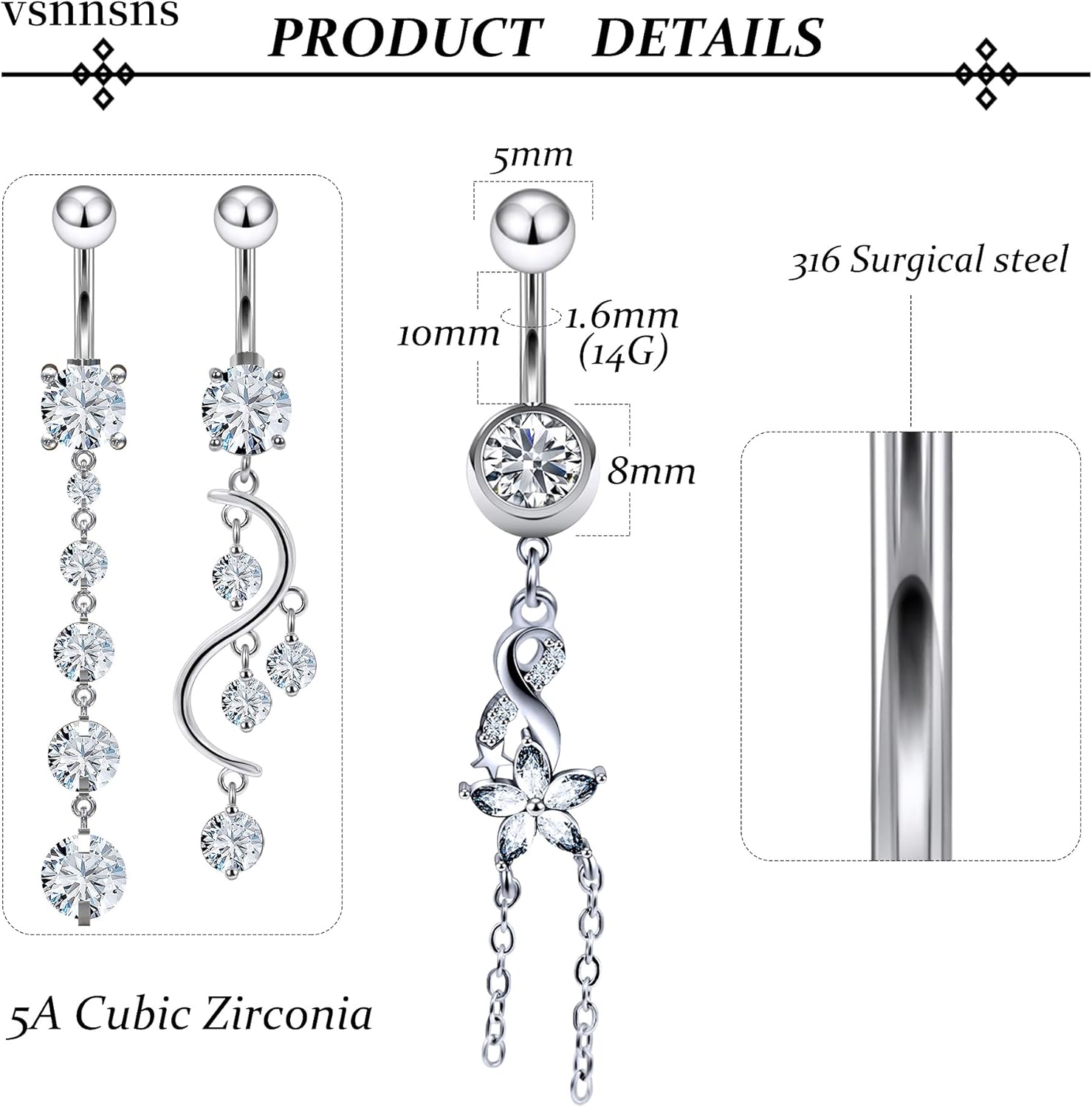 Vsnnsns 14G Dangle Belly Button Ring Piercing Jewelry 316L Stainless Surgical Steel Navel Rings Cubic Zirconia Heart Flower CZ Dangling Belly Button Ring Piercing Jewelry for Women 14 Gauge - Image 3