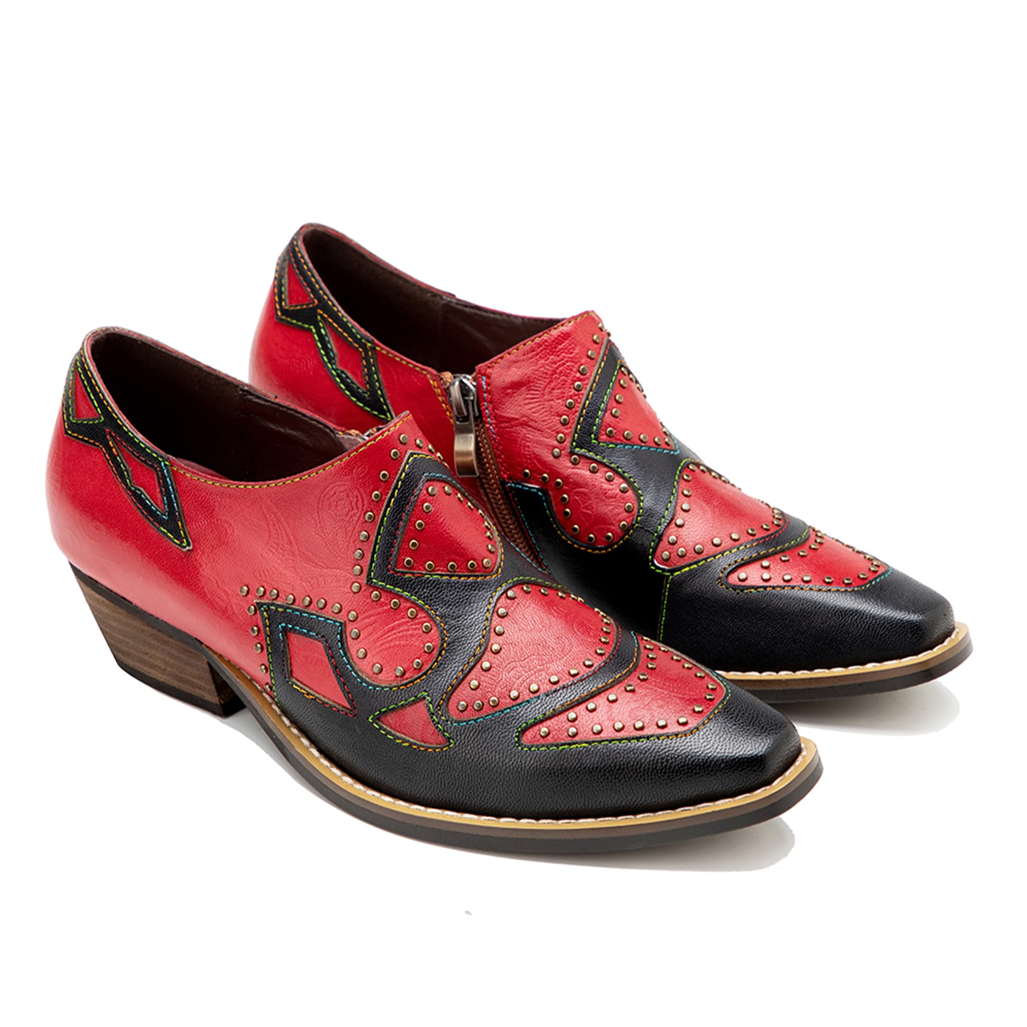 Riutiru Women's Handmade Lambskin Mary Jane Loafers Shoes, Retro Ethnic Print Style and Brock-Style Design