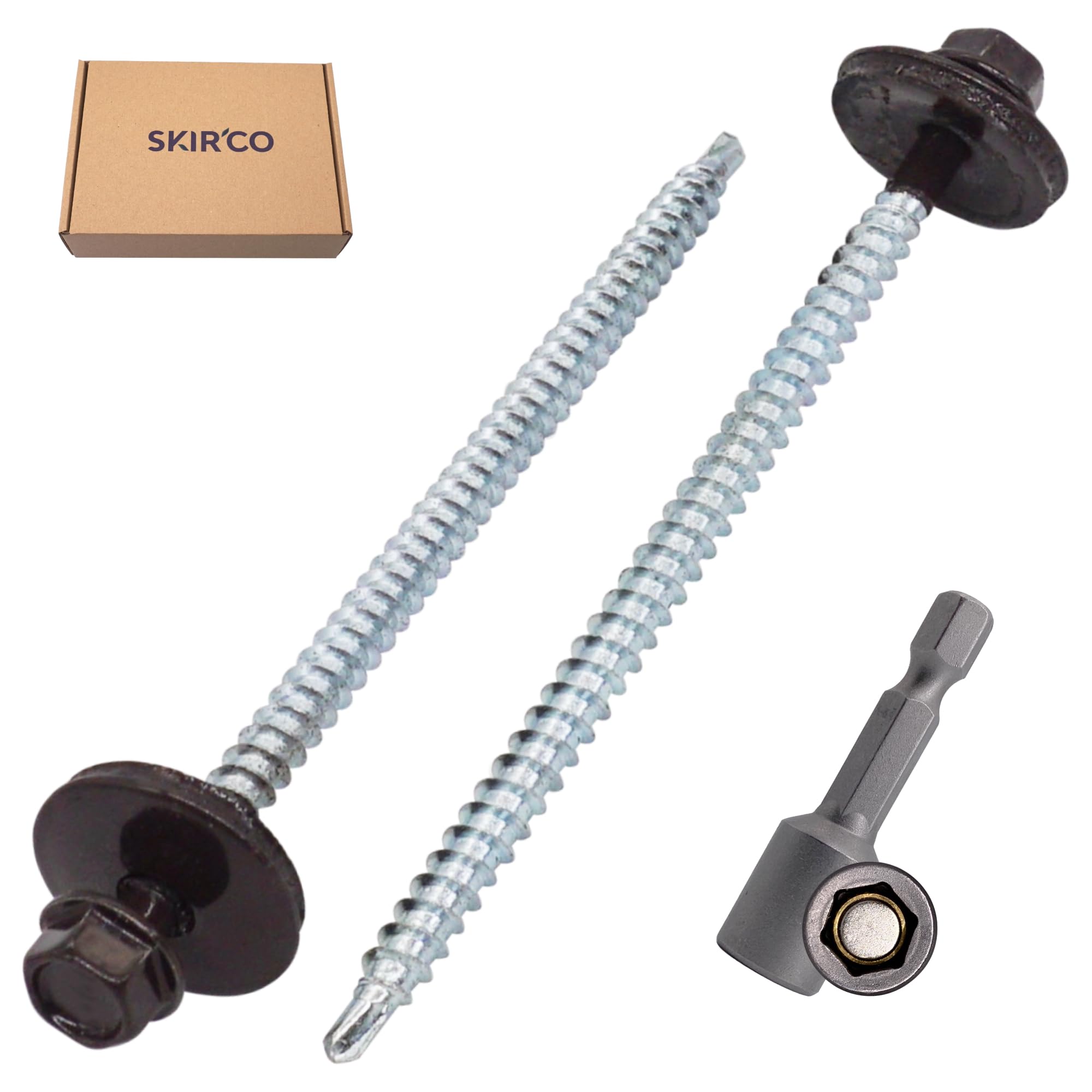 SKIR'CO (100 Stück) lackierte Dachschrauben 4,8 x 100 mm, Sechskantkopf, selbstbohrende Schrauben mit EPDM-Unterlegscheiben (Graubraun, RAL 8019)
