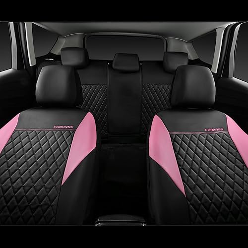 Miniatura 6 de CAR PASS Fundas de asiento de cuero rosa, bonita funda de asiento de automóvil con esponja compuesta de 0.197 in en el interior, compatible con