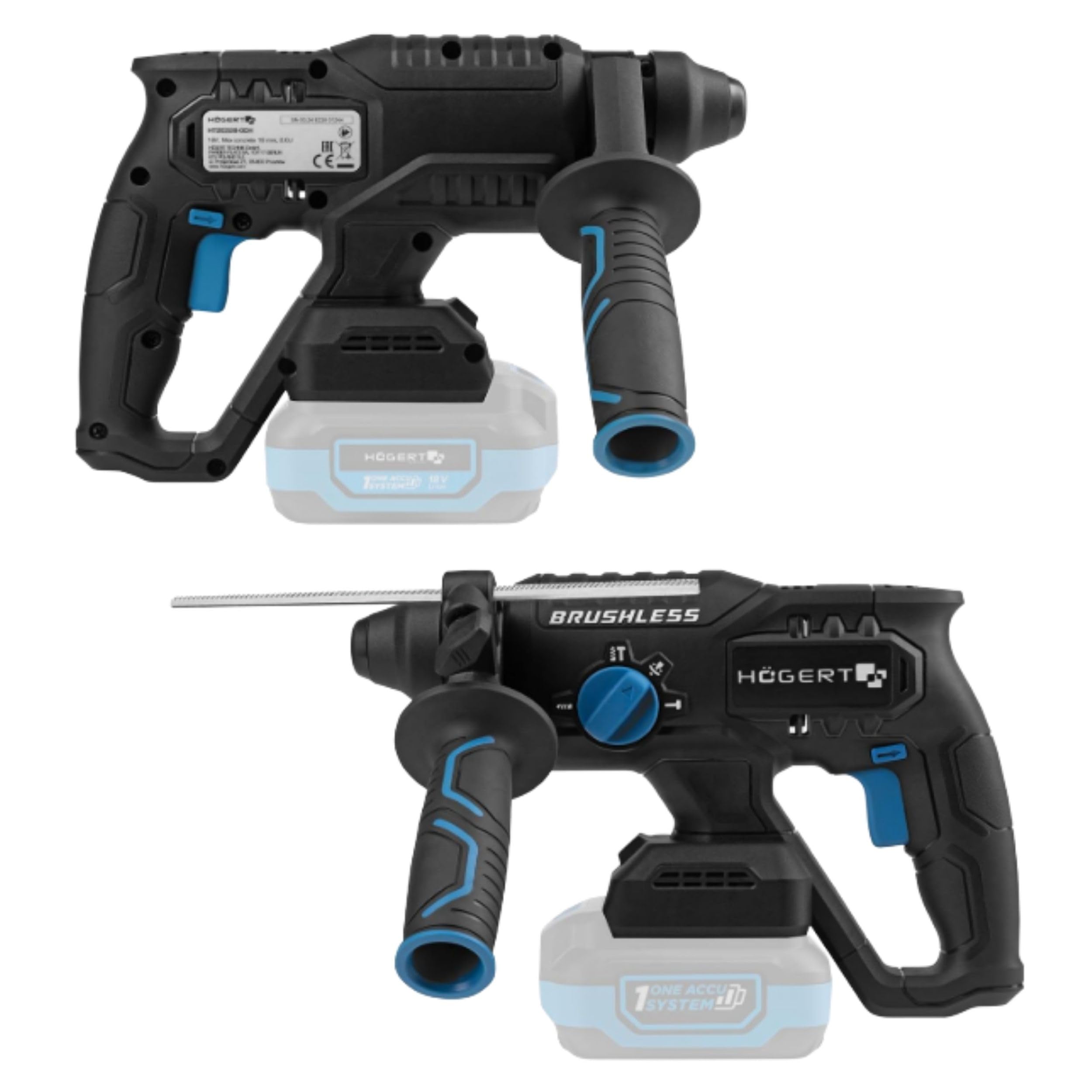 HÖGERT TECHNIK Martillo perforador a batería brushless 18V, 2,0 J, función cincelado, batería 4,0 Ah, cargador 4A, engranaje metálico, LED