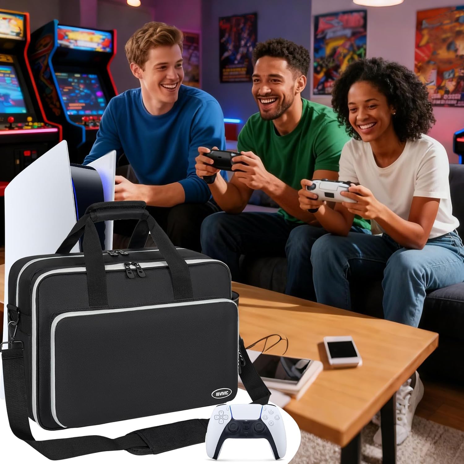 OUUTMEE Tasche für PlayStation 4/5, Tragetasche für unterwegs, Umhängetasche kompatibel mit PlayStation 5, Schützende Aufbewahrungstasche für Konsolen-Disc/Digital Edition, Spielkarten, HDMI