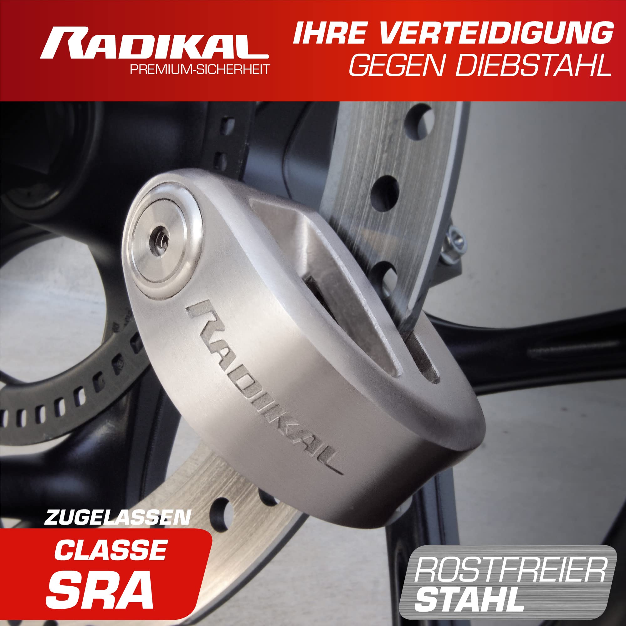 RADIKAL RK310S Bremsscheibenschloss Motorrad, Schließbolzen ø10, mit SRA Zulassung, polierter Edelstahl