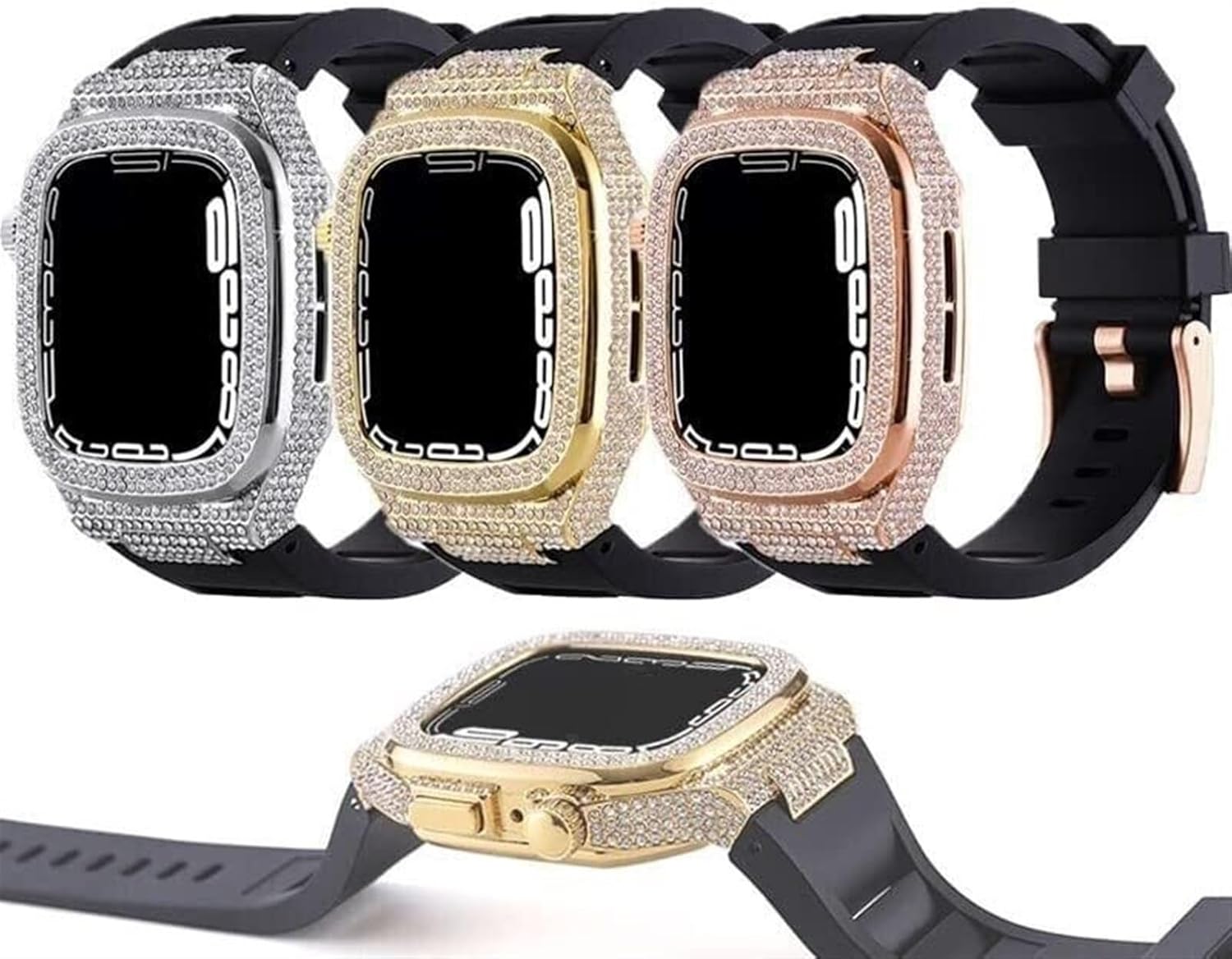 Luxury Diamond Face Watch Cover Rubber Watch Strap，For Apple Watch 45mm 44mm Replacement，Stainless Steel Alloy Protective Case Fluororubber Band，For Iwath Series 8/7/6/5/4/SE