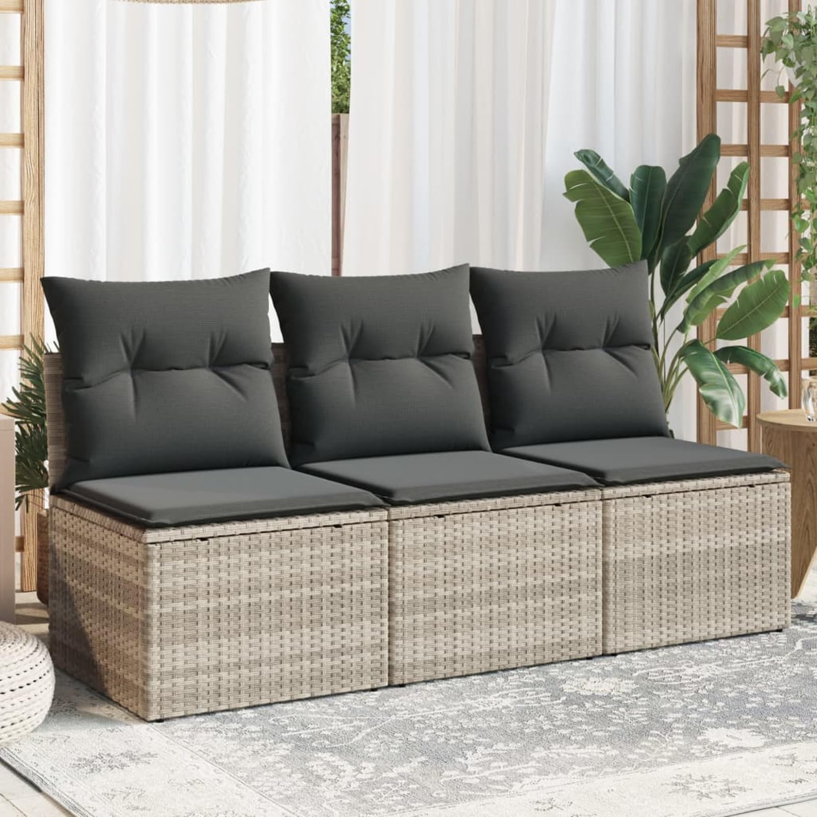 Divano da Giardino con Cuscini 3 Posti Grigio Chiaro Polyrattan,Divano da Giardino da Esterno,Divani da Giardino,Arredamento da Giardino-366194