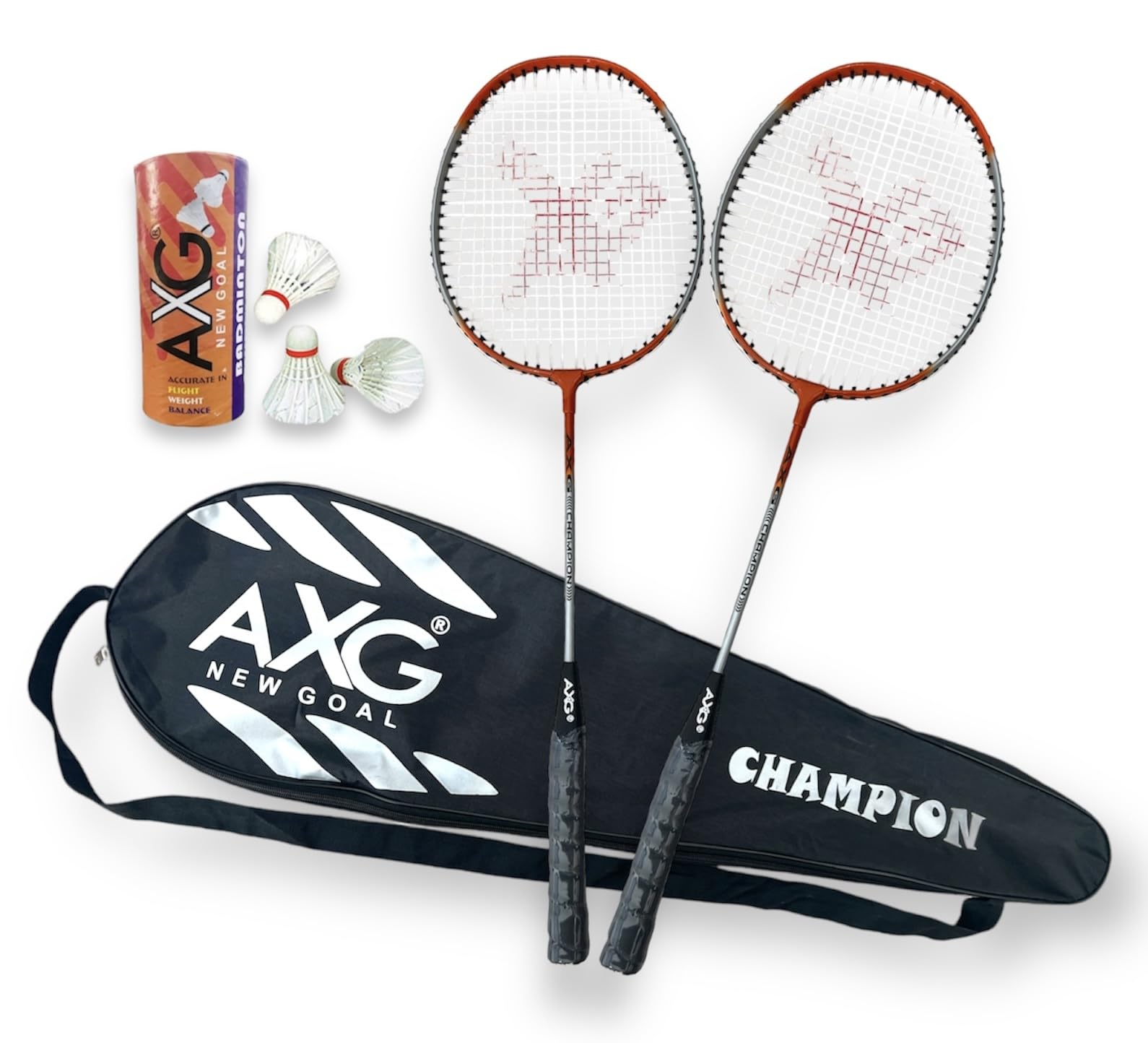 AXG NEW GOAL Isometric Champion Tenacious Wide Body Rackets (Set of 4) with Feather Shuttles & Cover Badminton Kit (Orange)-image-31