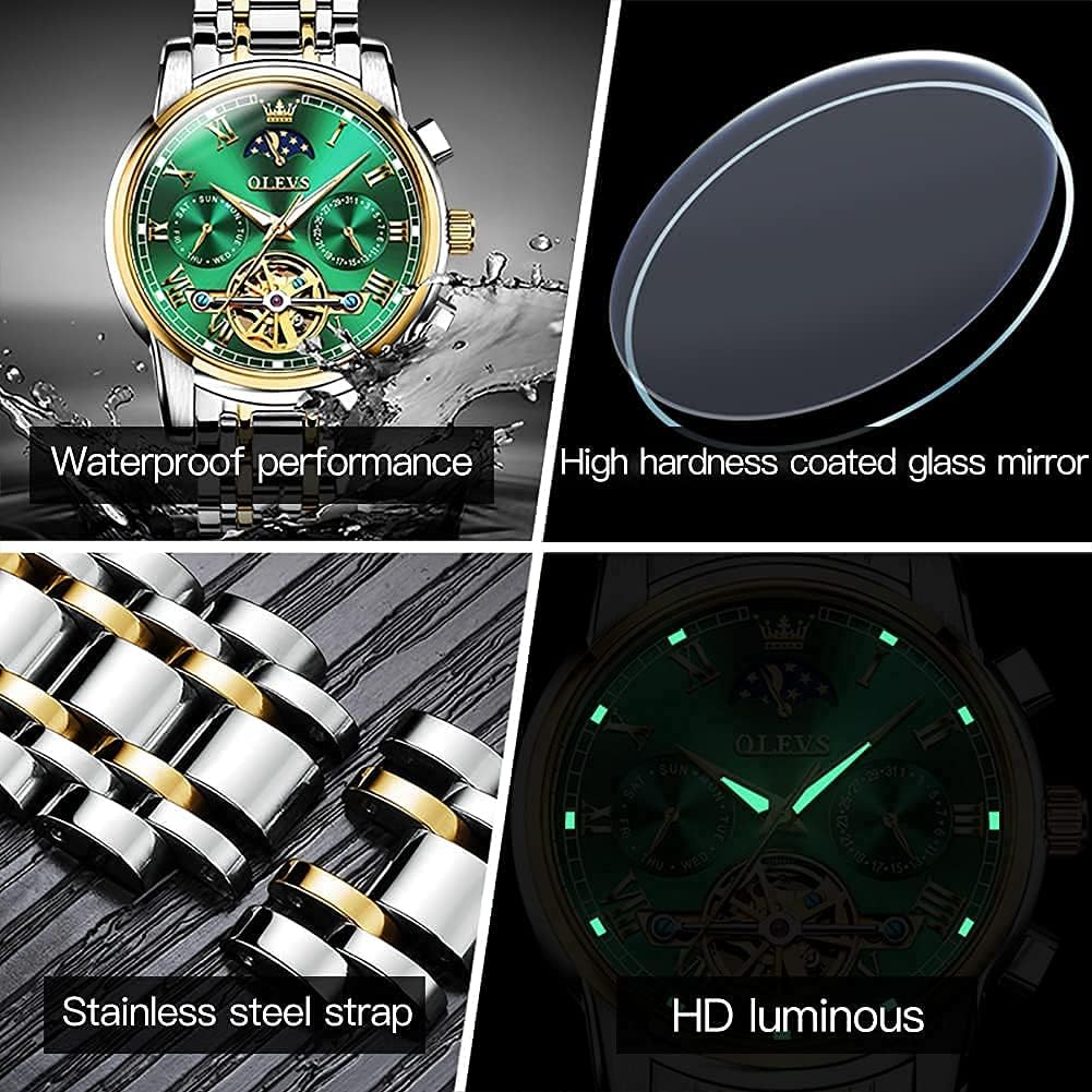 OLEVS Mens Automatic Watches Skeleton Tourbillon Mechanical Self Winding Luxury Dress Wrist Watch Moon Phase Day Date Waterproof Luminous Watch Gifts - Image 6