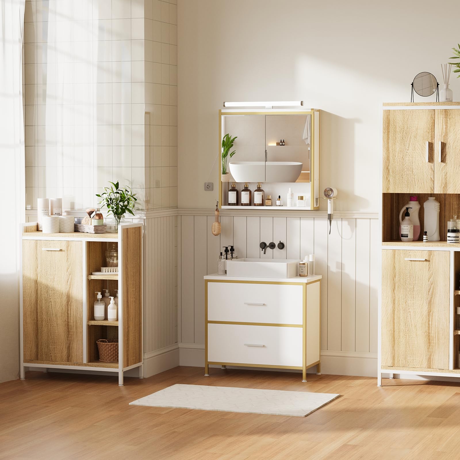 ELUCHANG Ensemble Meuble Salle de Bain 2 pièces,Armoire Murale Salle de Bain avec LED, Meuble sous lavabo avec 2 Tiroirs,étagères réglables, Style Industriel,Blanc+Doré