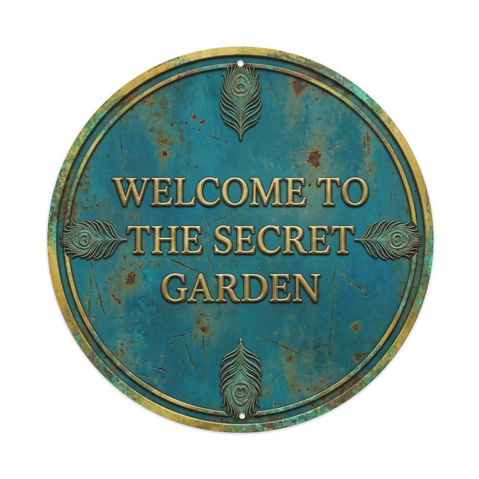 Vintage Welcome Secret Garden Brass Peacock Oxidized Metal Tin Sign