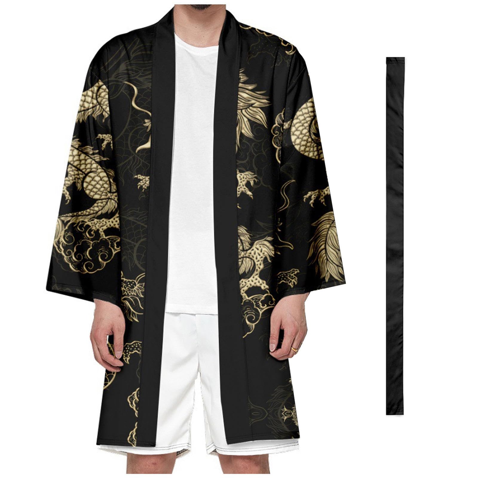 Dressing Gown Men Lightweight Kimono Bathrobe Plus Size Printed Dragon Japanese Sleepwear with Belt,Black-6XL