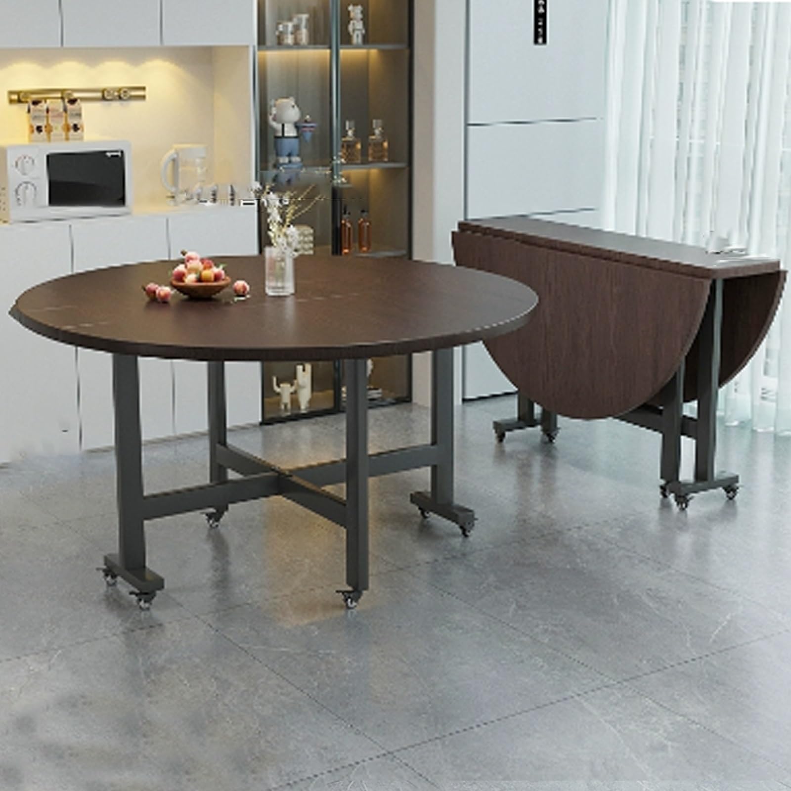 Home use Folding Dining Table ，Simple restaurant Drop-Leaf kitchen table，Round Portability fold down desk with 6 Wheels，Large movable office desk，